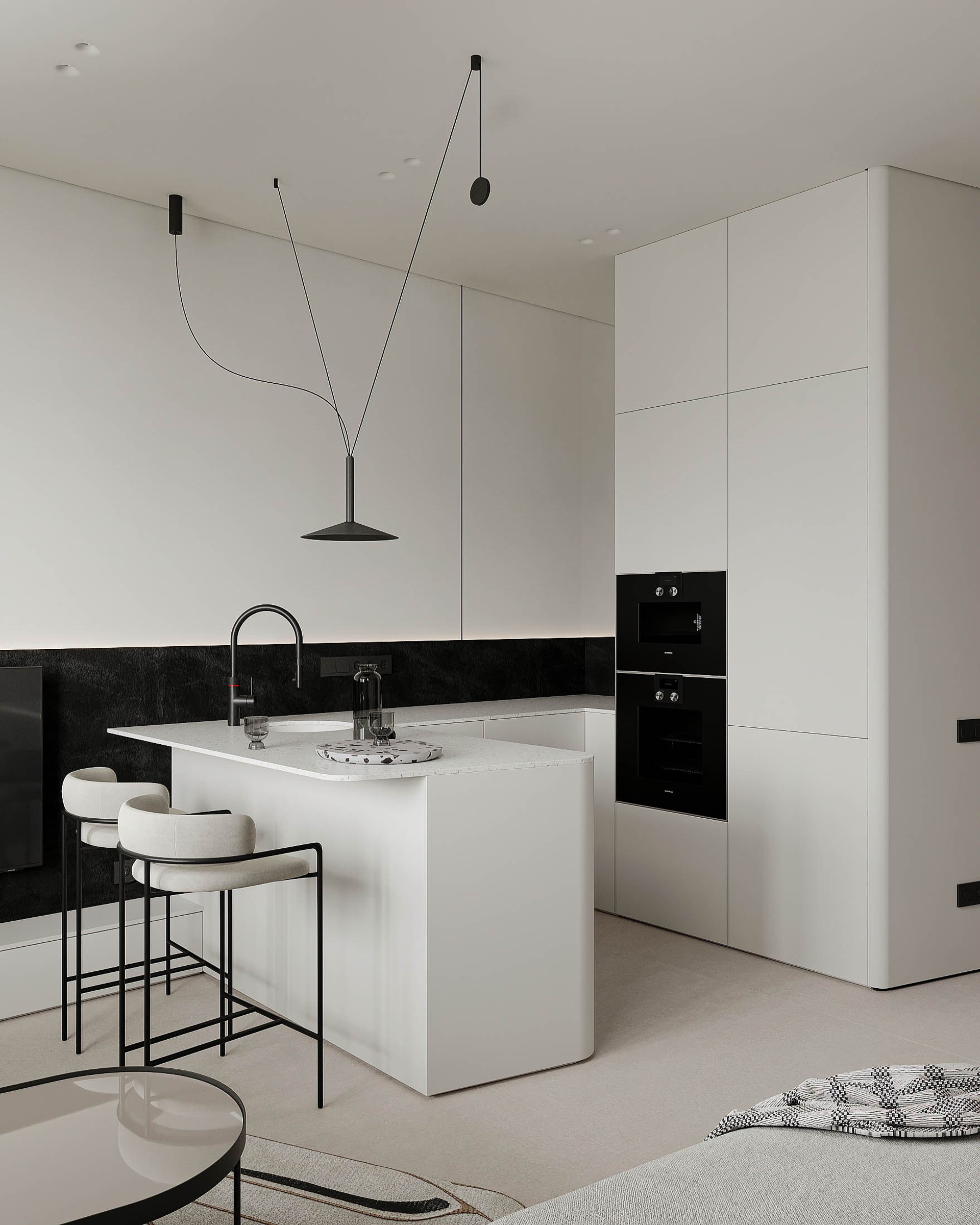 Монохромная кухня&nbsp;— гостиная и&nbsp;спальня в&nbsp;ЖК&nbsp;«ЗИЛАРТ»/ Дизайнер: Юлия Сорокина