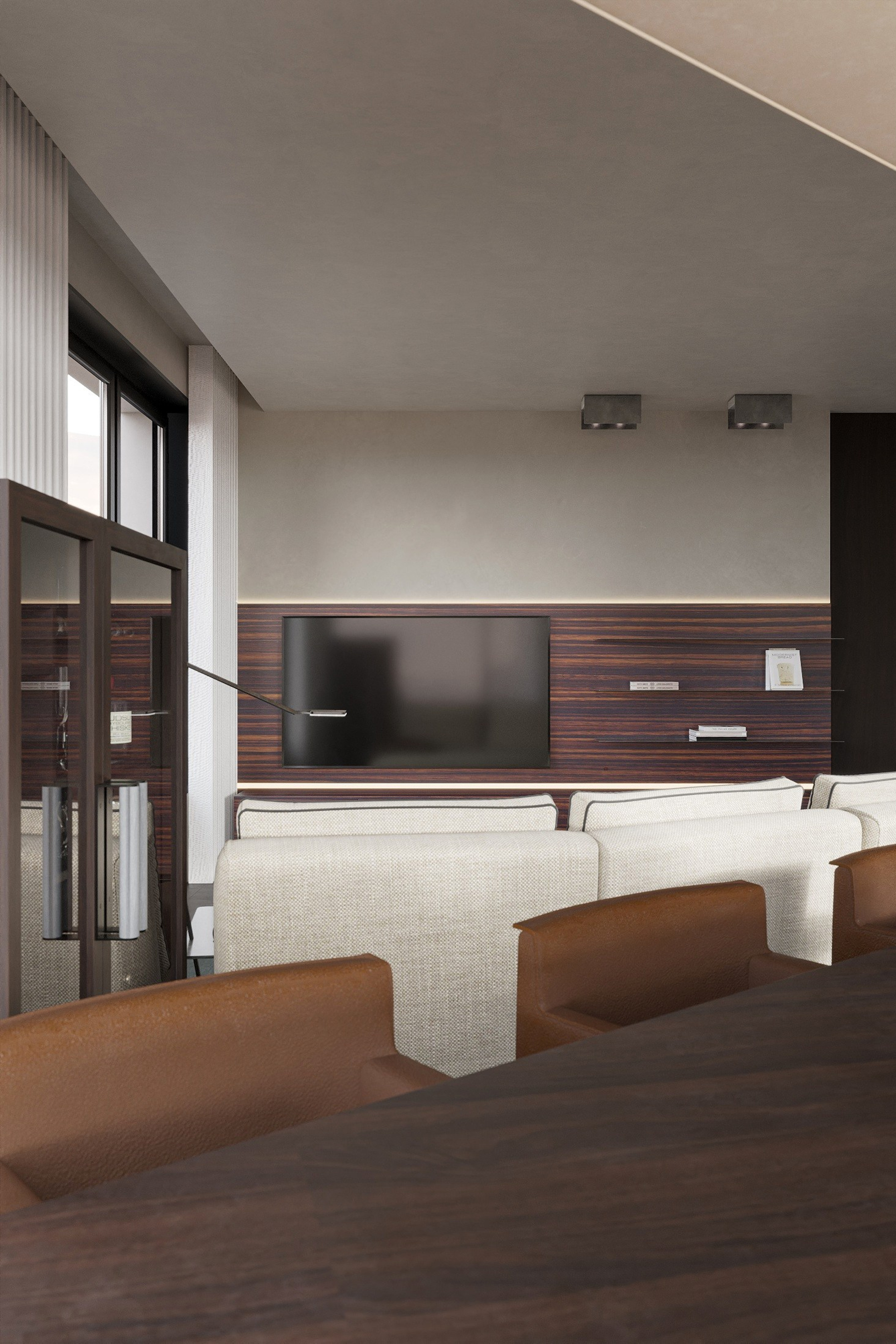ПРОЕКТ • ЖК «ОСТРОВ» Квартира 119 м² 3D визуализация интерьера Гостиная / Living Room. Ксения. 3D‑визуализатор
