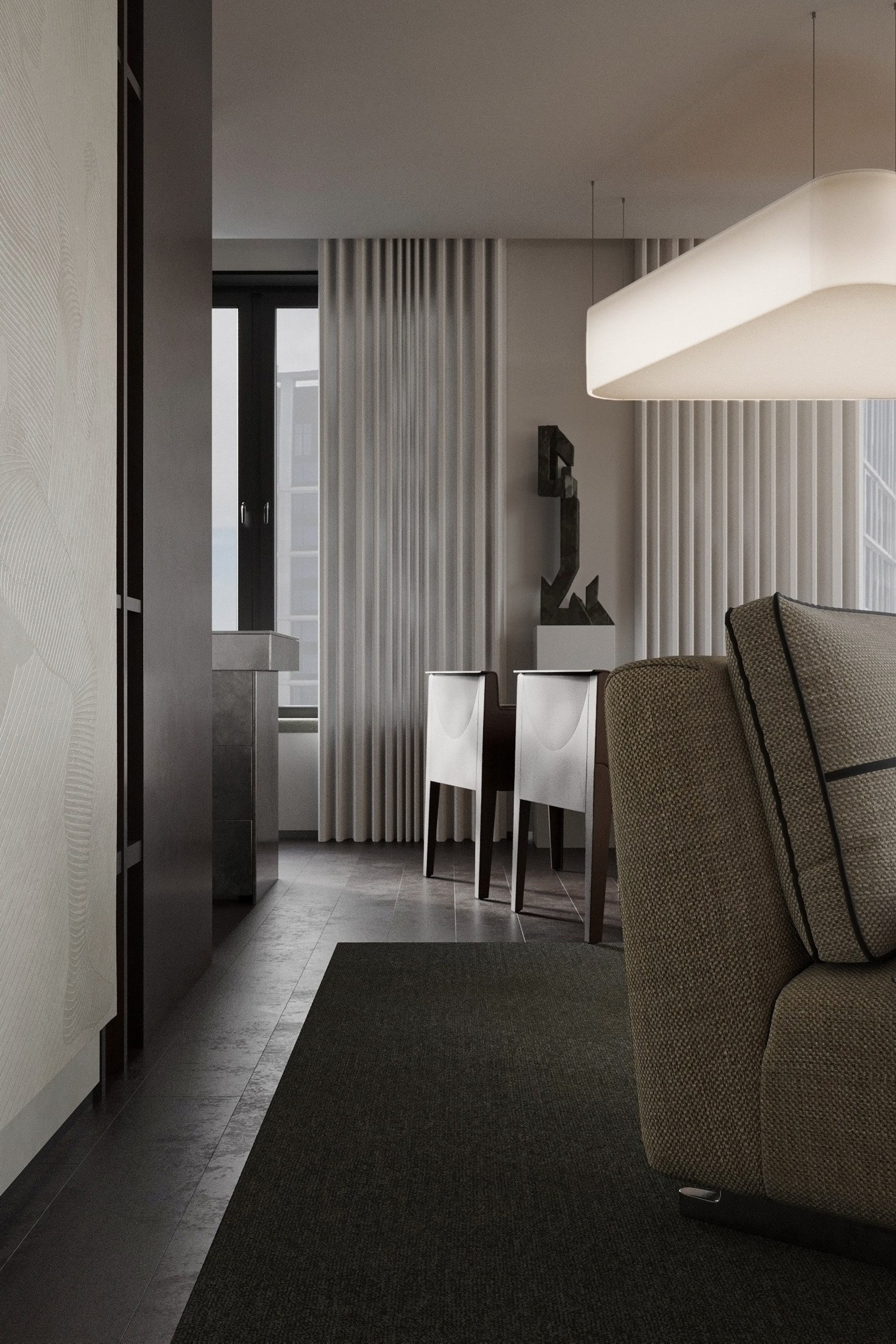 ПРОЕКТ • ЖК «ОСТРОВ» Квартира 119 м² 3D визуализация интерьера Гостиная / Living Room. Ксения. 3D‑визуализатор