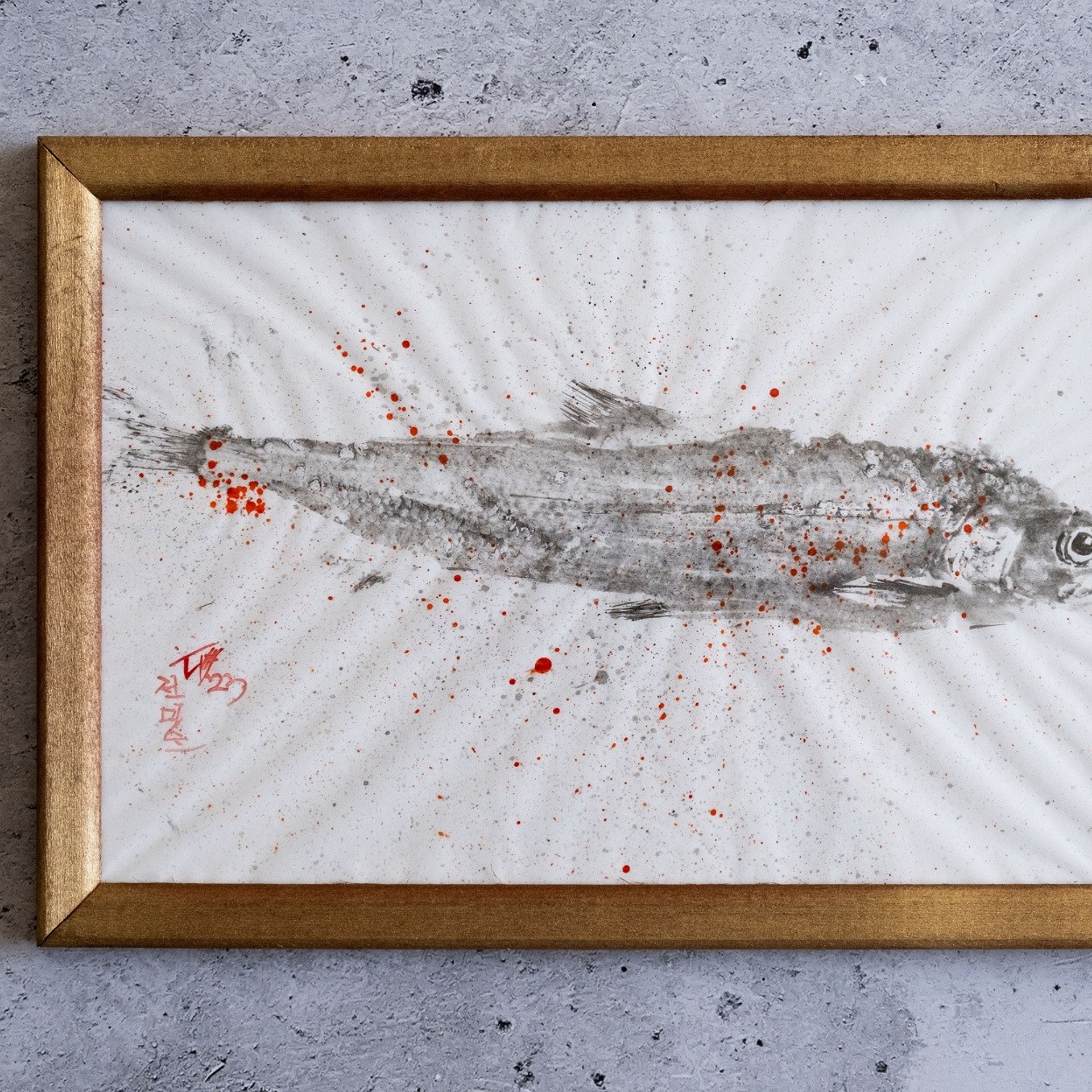 Отпечаток сахалинской зубатки. Тушь, бумага,  20х30, 2023. Оформлен в раму. 