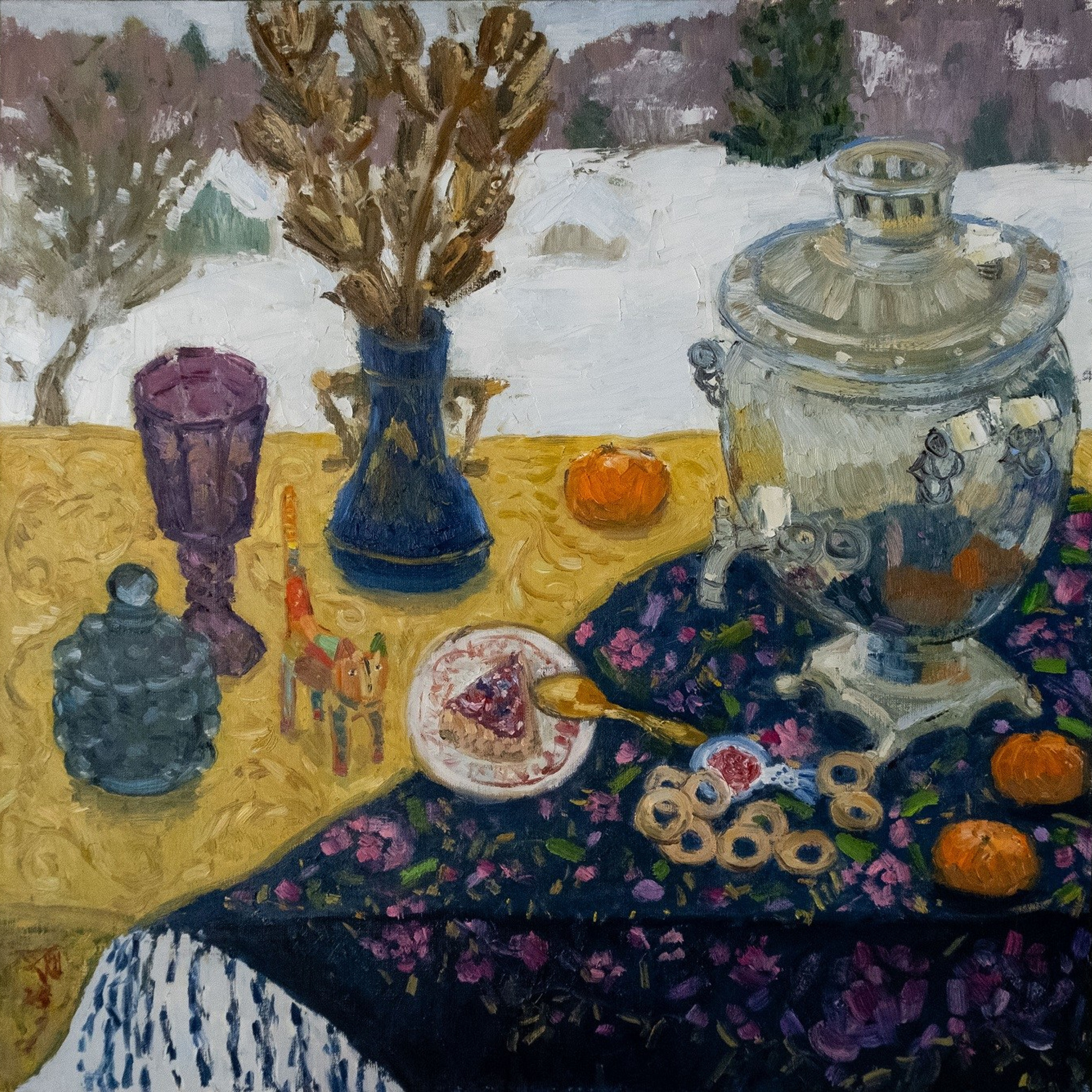 Лилия Глена и самовар. Холст, масло, 80х80, 2025. Цена по запросу.