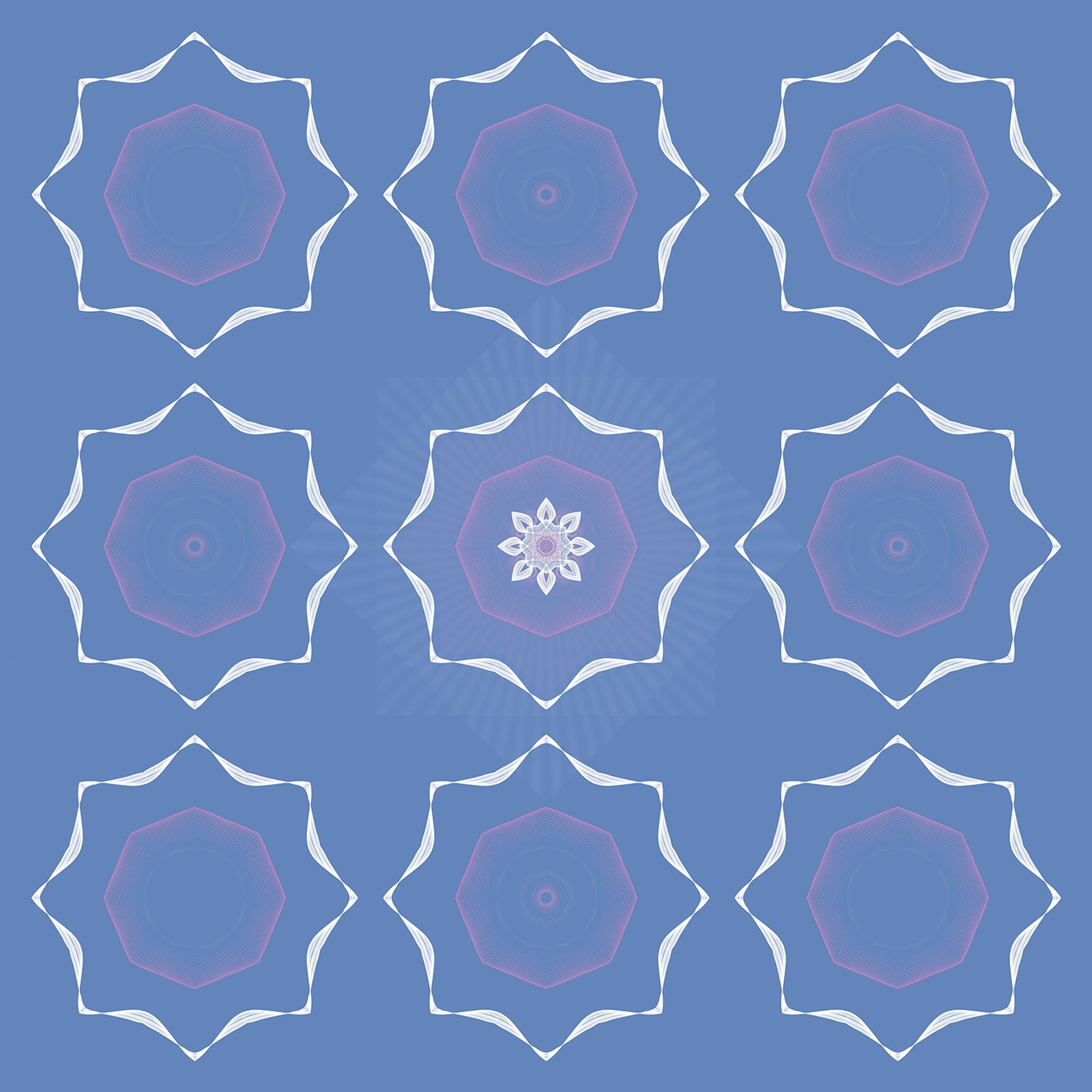 Небесная сакура - Все свои картины я создаю из смеси трех элементов. Цвет, форма и смысл (идея). Цвет и форму, я черпаю из традиций современного искусства. Optical Art и узоров, которые с древних времен эволюции человека вписаны в наши гены. Настроение узоров мы можем считывать на уровне подсознания. Смысл, он в числах,во взаимодействии форм,в искусстве сакральной геометрии, алхимии пересечения и взаимодействия.Это сочетание, позволяет плоской форме присущей большей части искусства, ожить и начать взаимодействовать со зрителем, превращая его в созерцателя медиатора