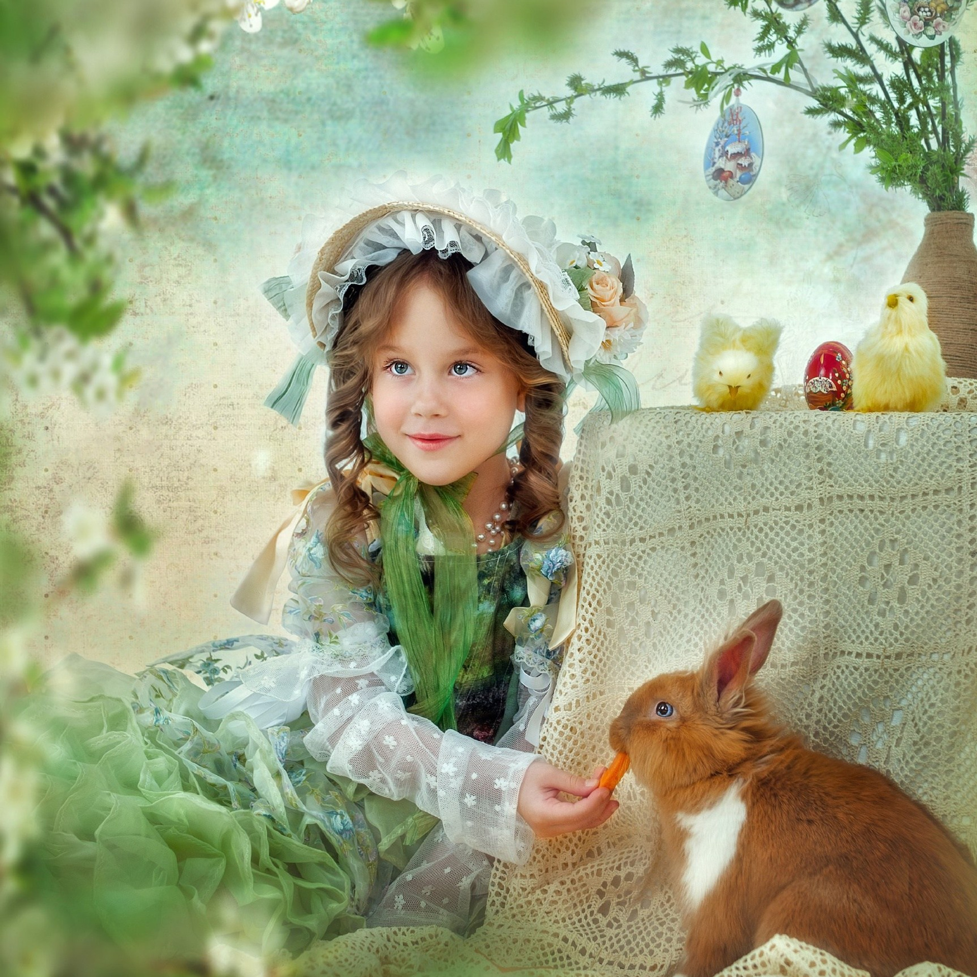 Зеленый наряд "Весна"✳Шляпа с кружевными лентами,цветами - универсальный размер;✳Перчатки кружевные белые с лентами (универсальный размер);✳Корсет с художественным принтом;✳Ожерелье винтаж с имитацией жемчуга(серьги);✳Платье зеленое 128-140 размер (размер талии регулируется, длина 94 см.);✅Материал нижней юбки хлопок.