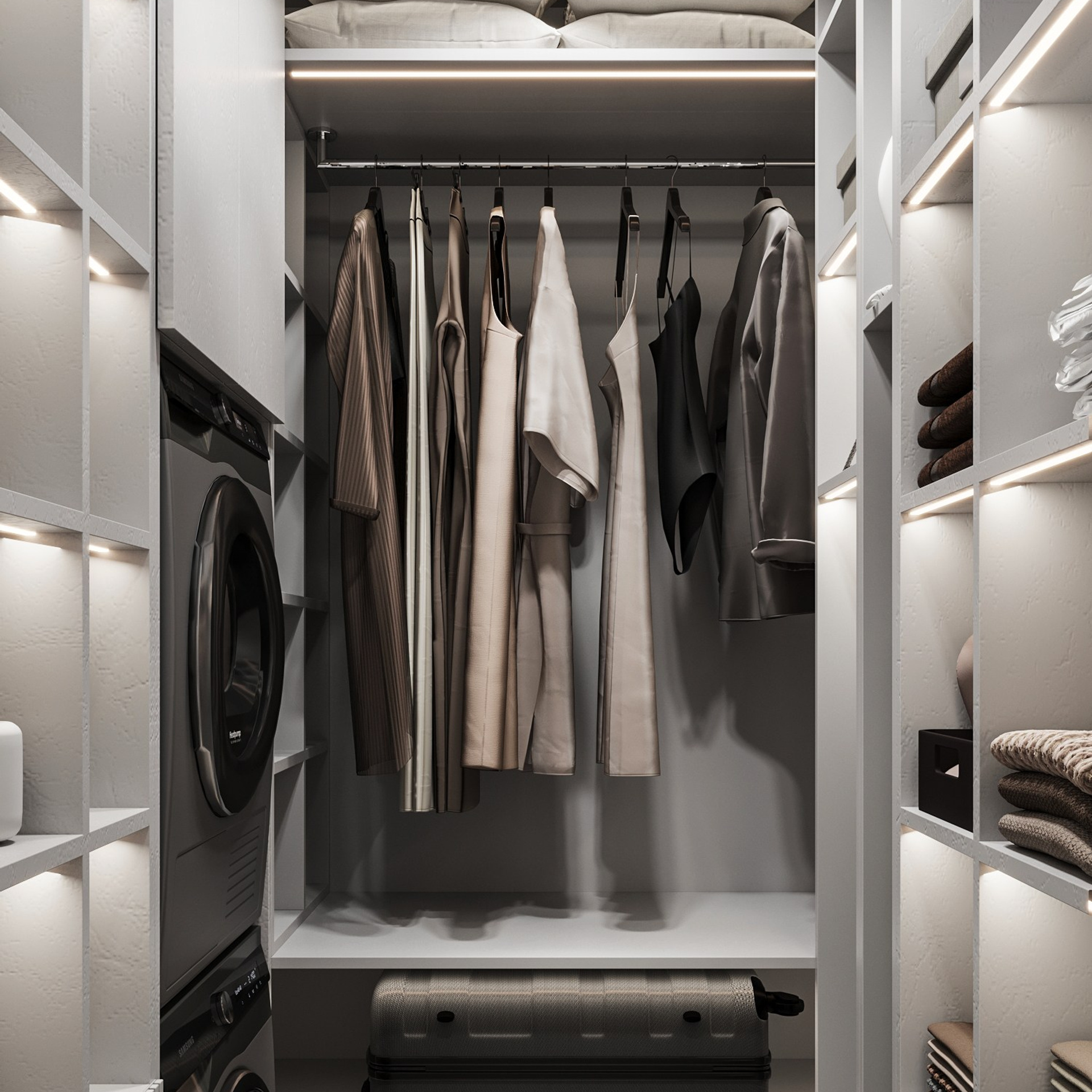 Гардеробная с постирочной зоной и её наполнение