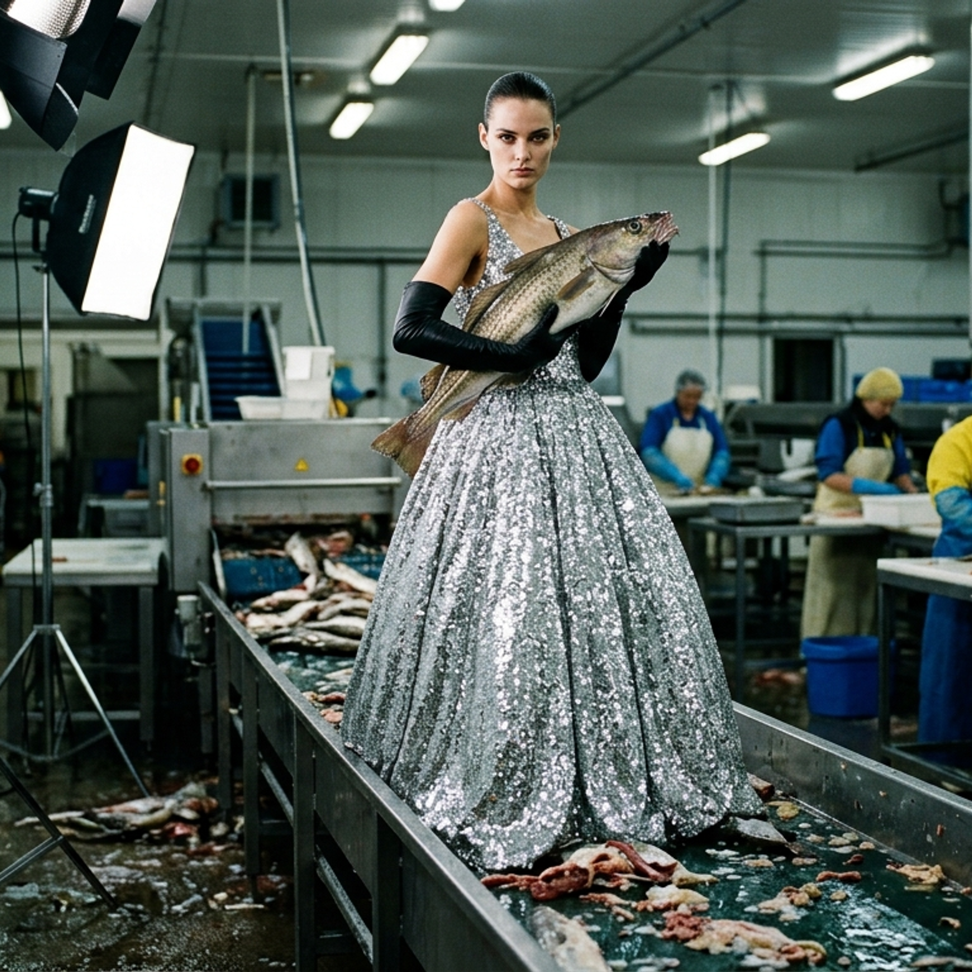 «Конвейер haute couture». Абсолютный контраст. Роскошь, оказавшаяся в «сердце» производства. Минтай в руках как клатч — это финальный аккорд нашей игры со смыслами, где еда становится искусством.