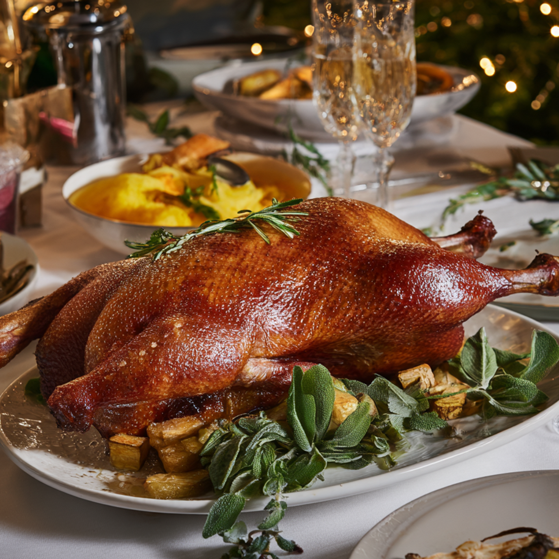 Эффектная сервировка с уткой и шампанским — тёплая зимняя атмосфера для праздничных предложений.