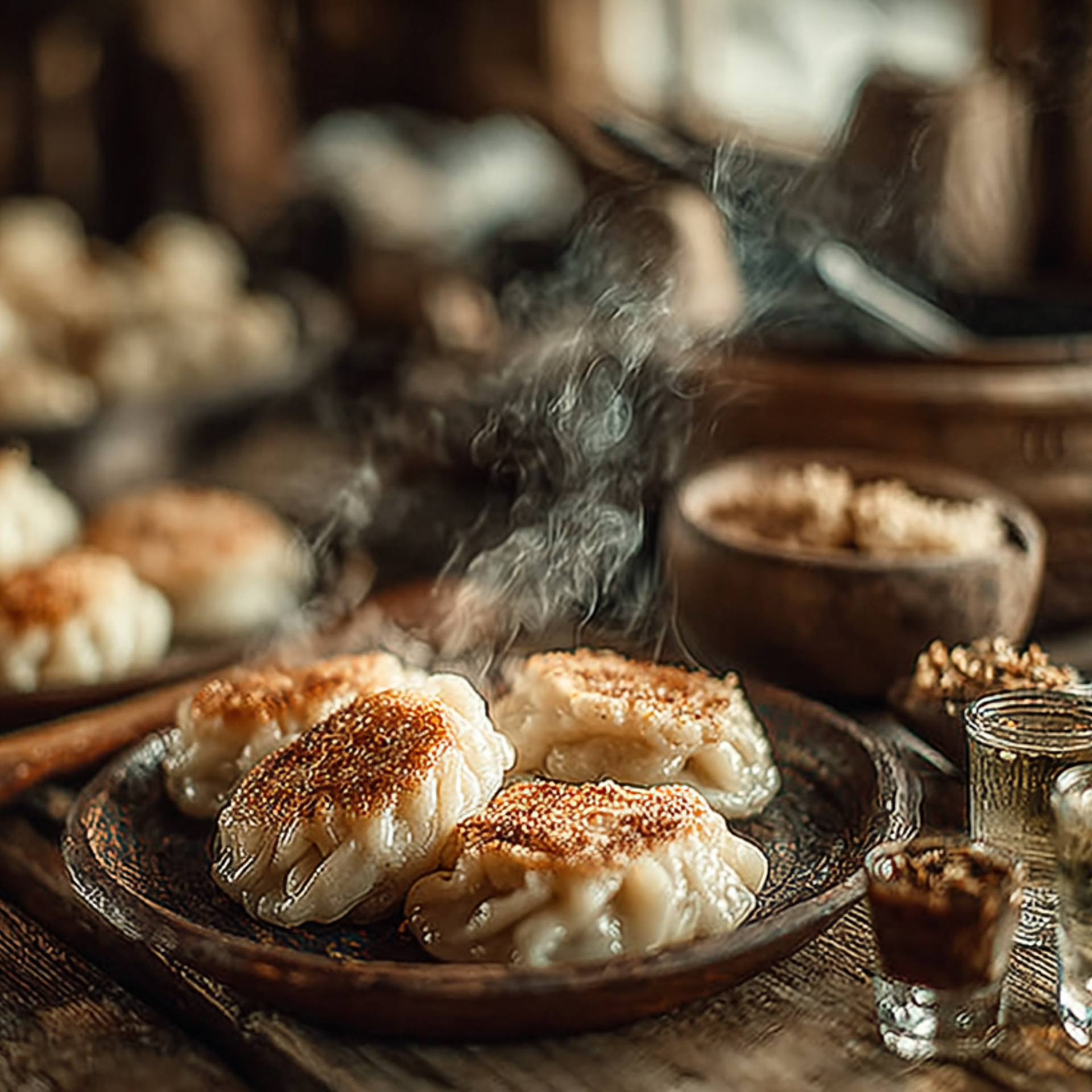 Атмосферная подача румяных пельменей: горячие, поджаренные, с паром и традиционными настойками — тёплый деревенский сет, идеально подходящий для зимних блюд и локальных гастропроектов.