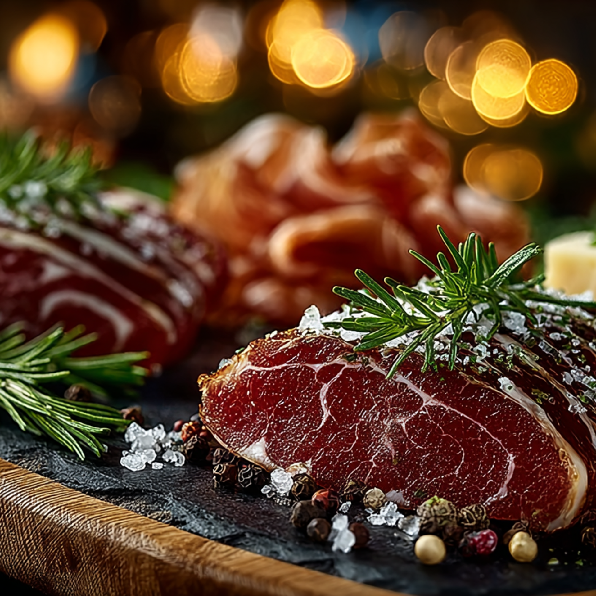 Аппетитная вяленая говядина в праздничной подаче: тонкая нарезка, свежий розмарин, перец и сыр — идеальный деликатес для новогоднего стола и гастрономических проектов.