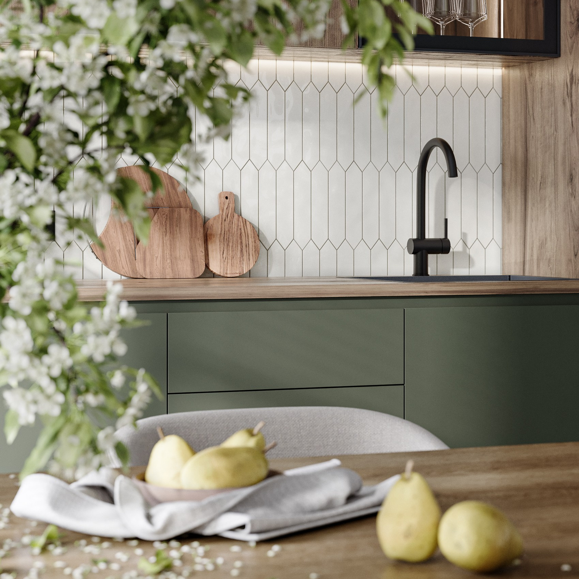 Зеленая кухня. 3D-визуализация