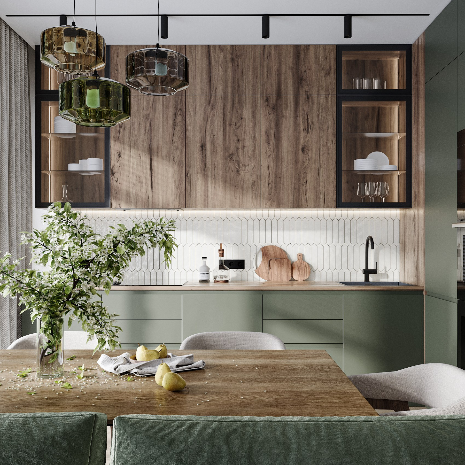 Зеленая кухня. 3D-визуализация