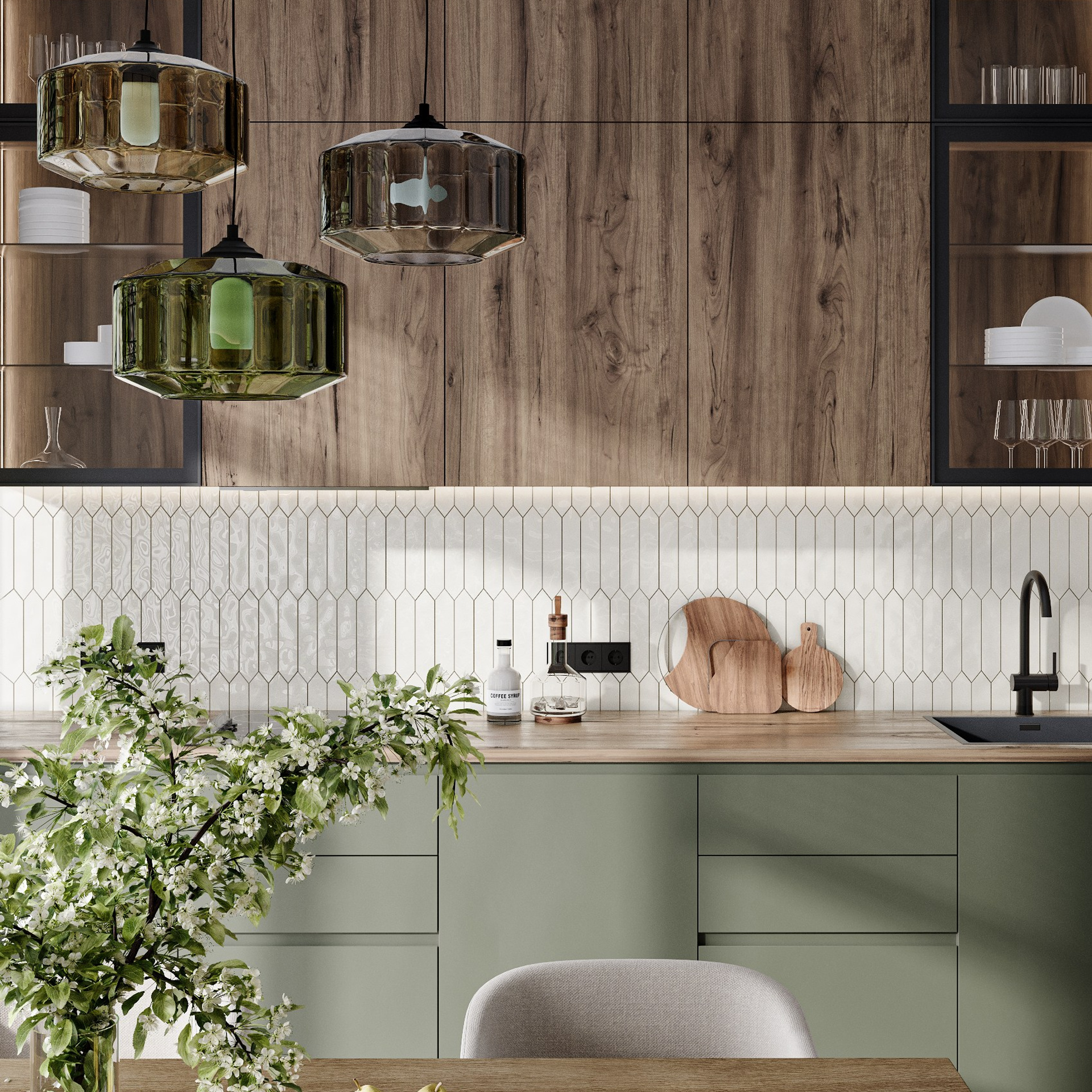 Зеленая кухня. 3D-визуализация