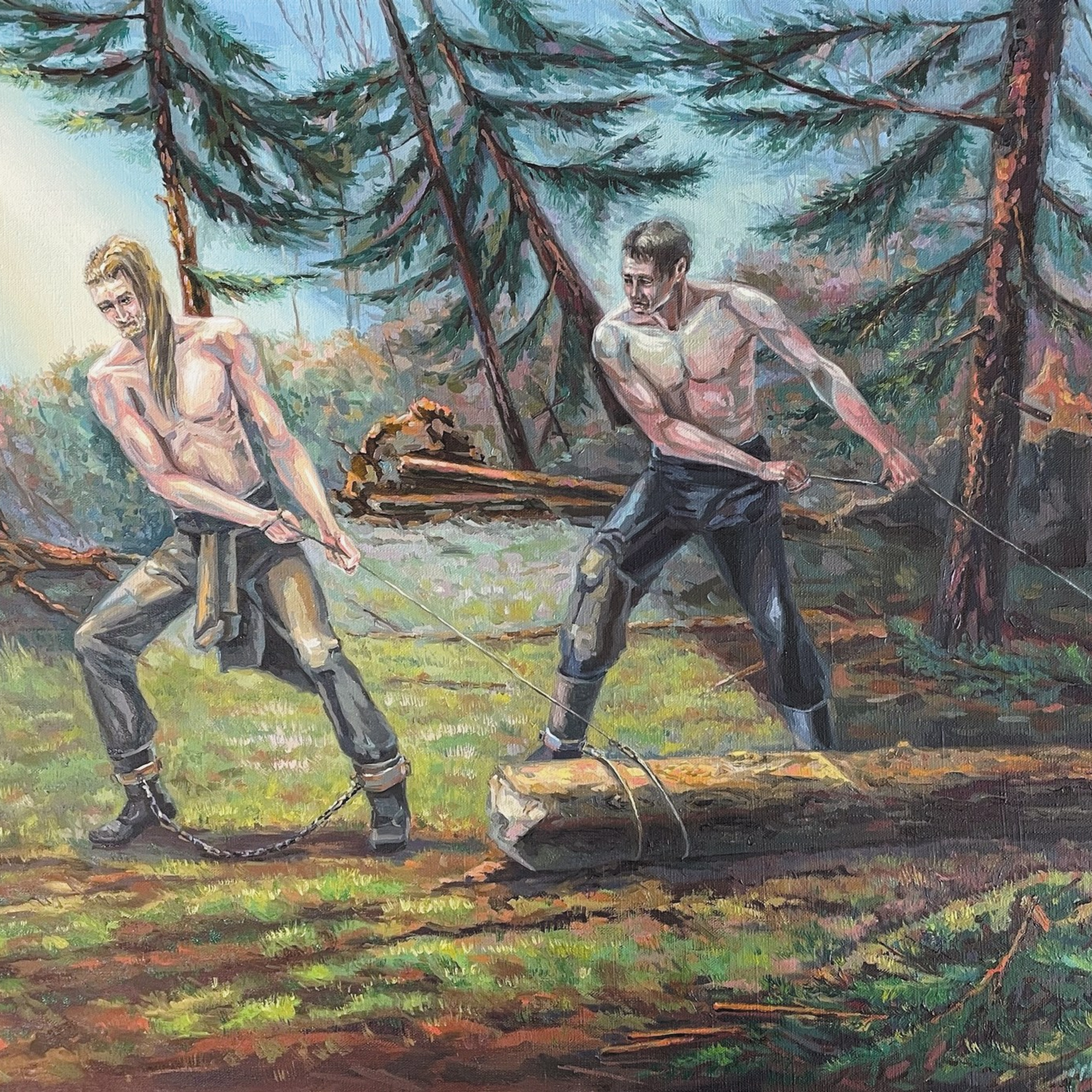 «Запряженные в бревно». Масло, 60х80 см., 2025