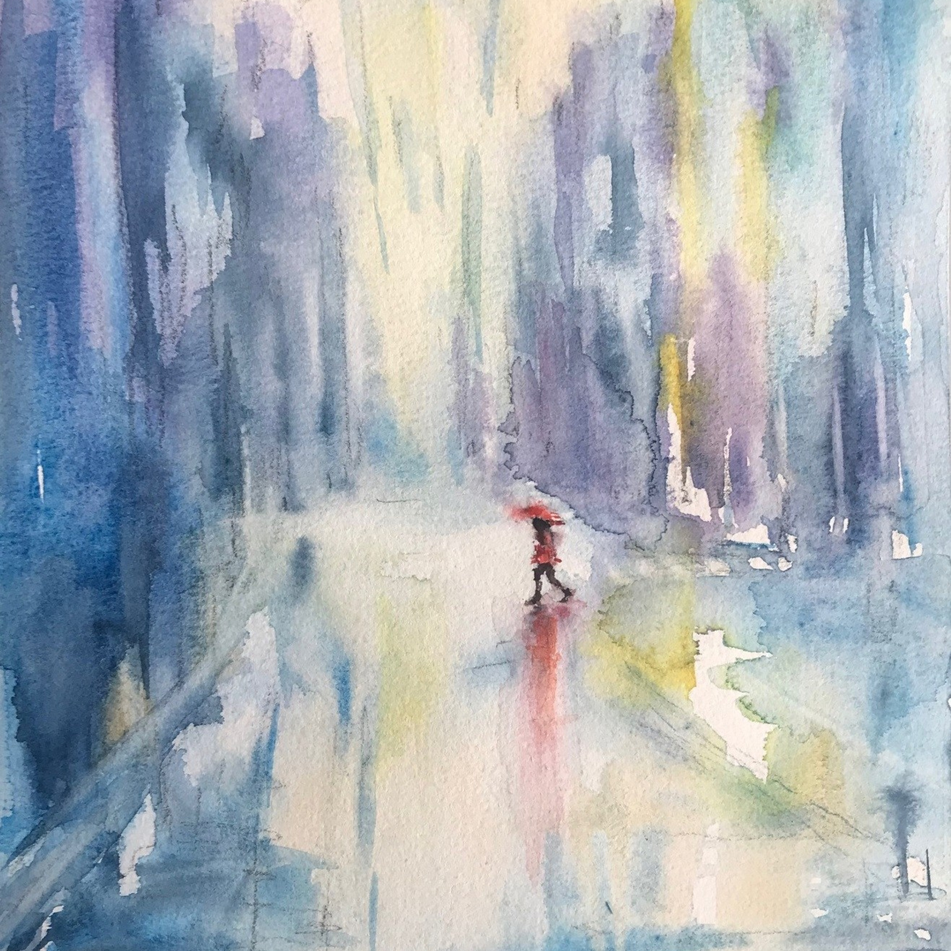 Дождь в городе, дождливый день, мегаполис, художник Ирэн Постольная,  картина с дождем