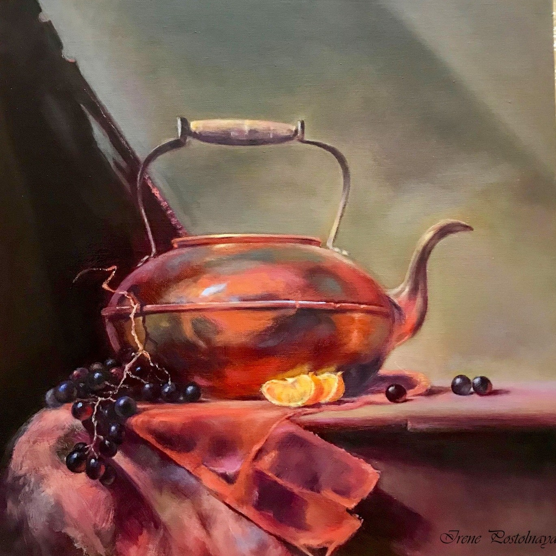 Grapes and tangerines on grandma's table", buy a painting in the style of the old masters, artist Irene Postolnaya