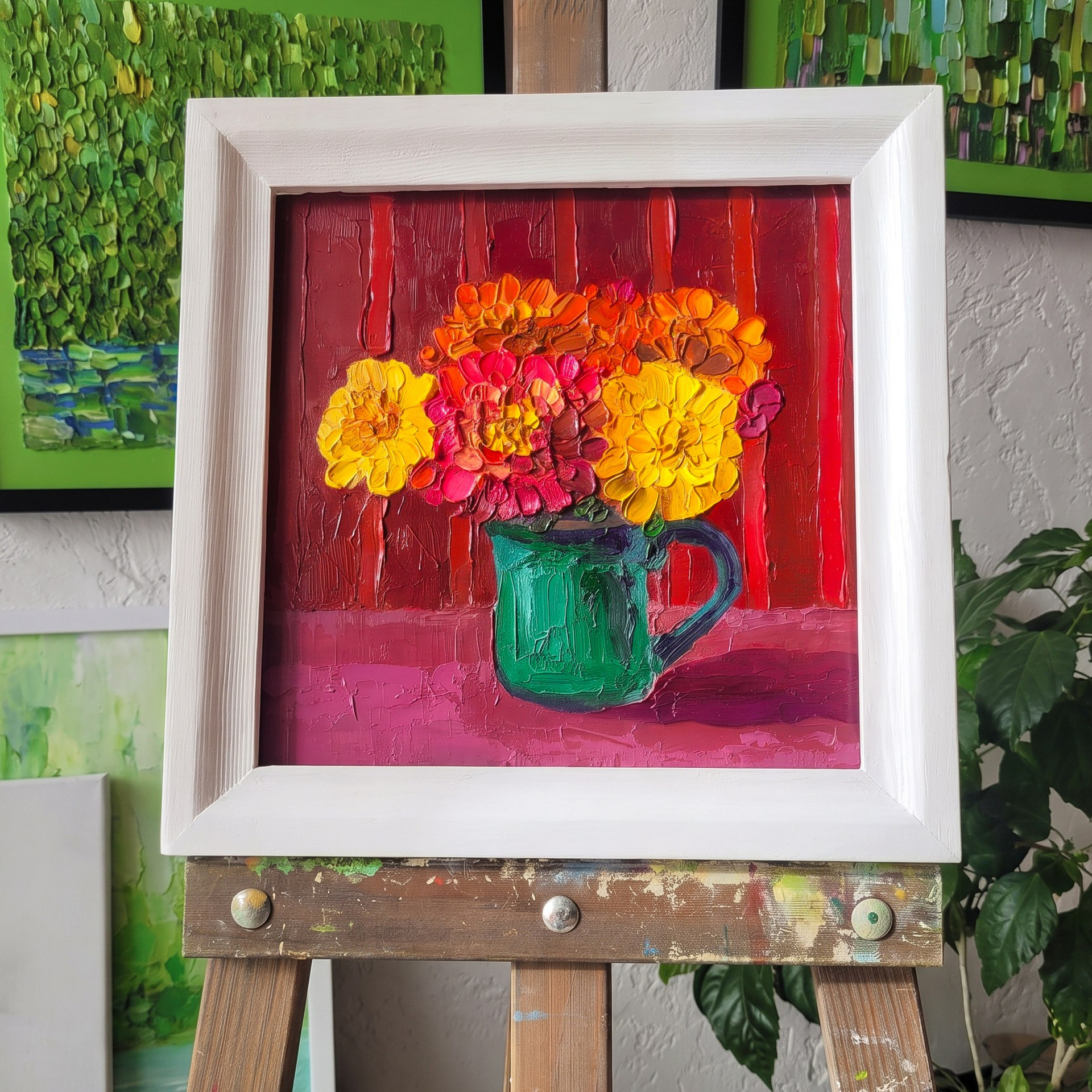 Картина «Цветы на красном фоне». 25×25 см. Масло, картон