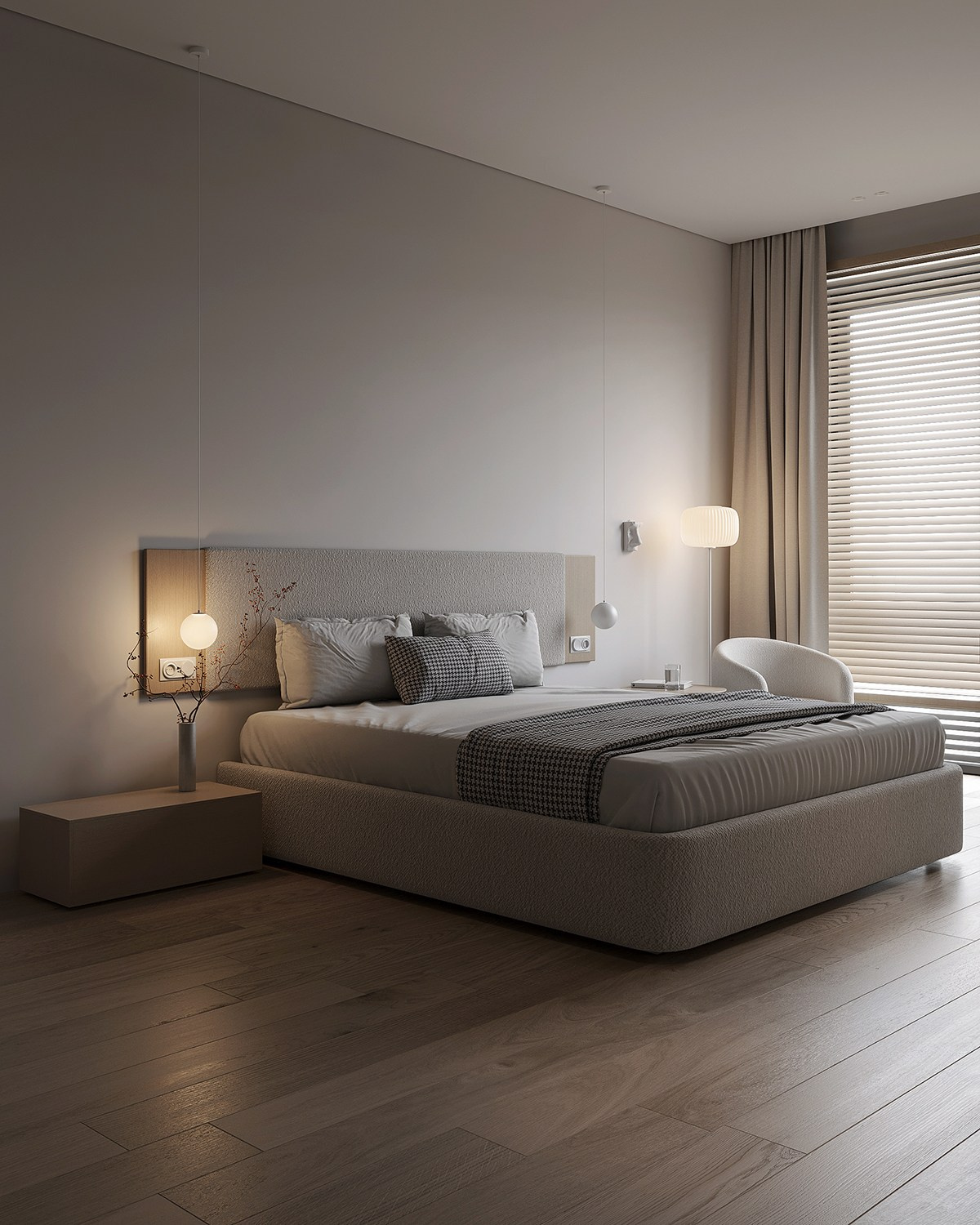 Интерьер спальни в теплых тонах с большой кроватью.