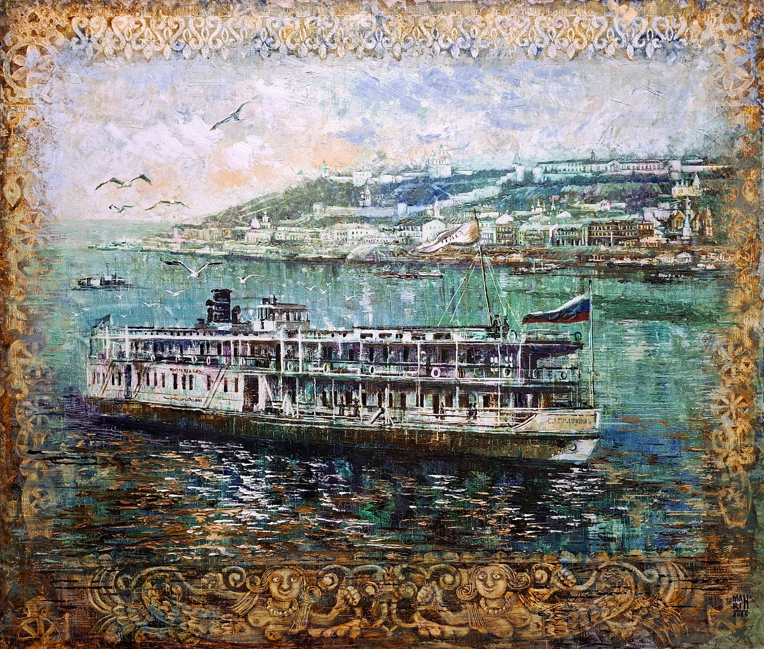 картины, интерьерные картины, картины маслом, масло,  природа, живопись, Нижний Новгород, Старый Нижний, город, картина с Нижнем Новгородом, корабль, теплоход, пароход, панорама, виды Нижнего, старина, ретро стиль, нижегородские виды