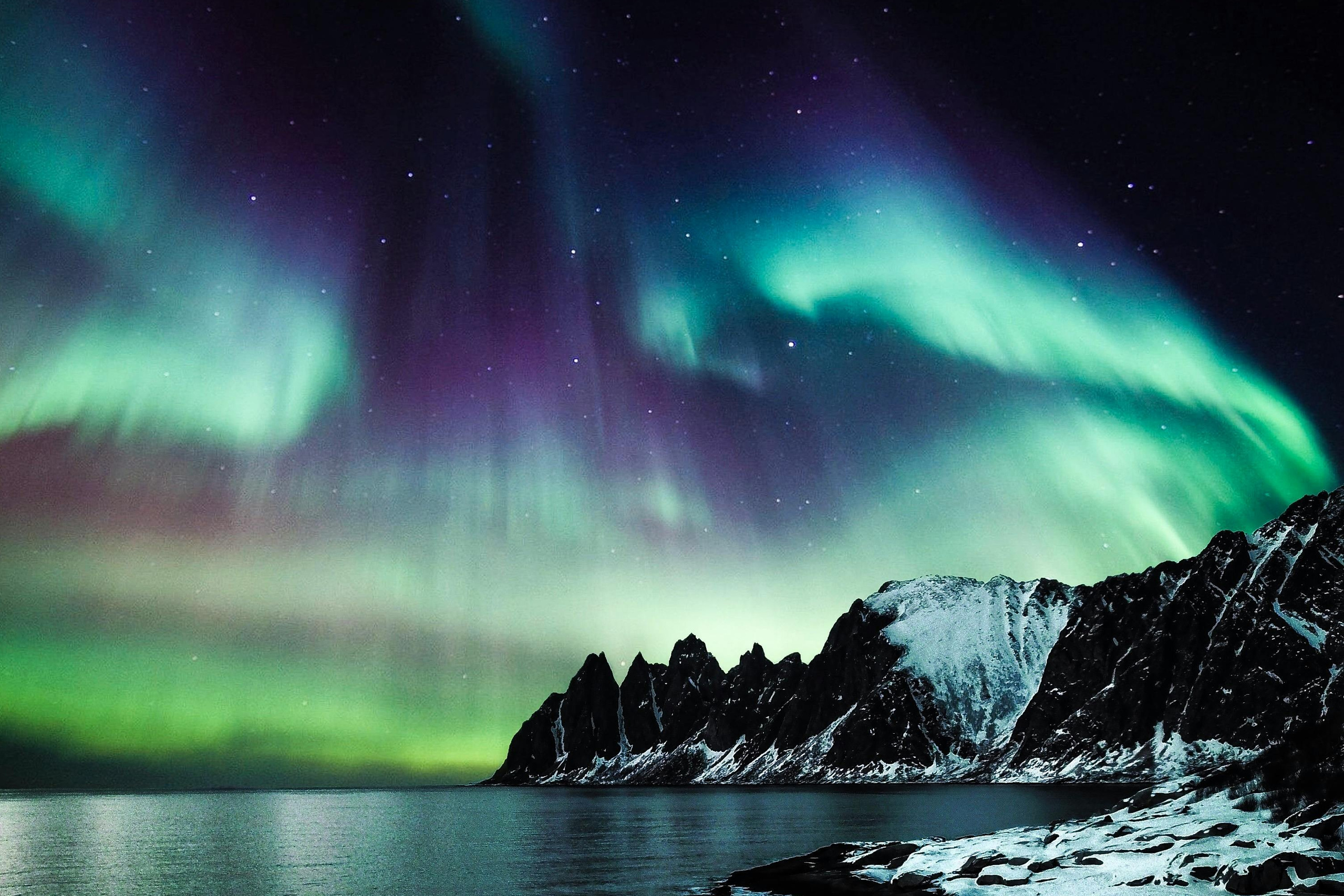 Northern Lights over snowy landscape in Murmansk