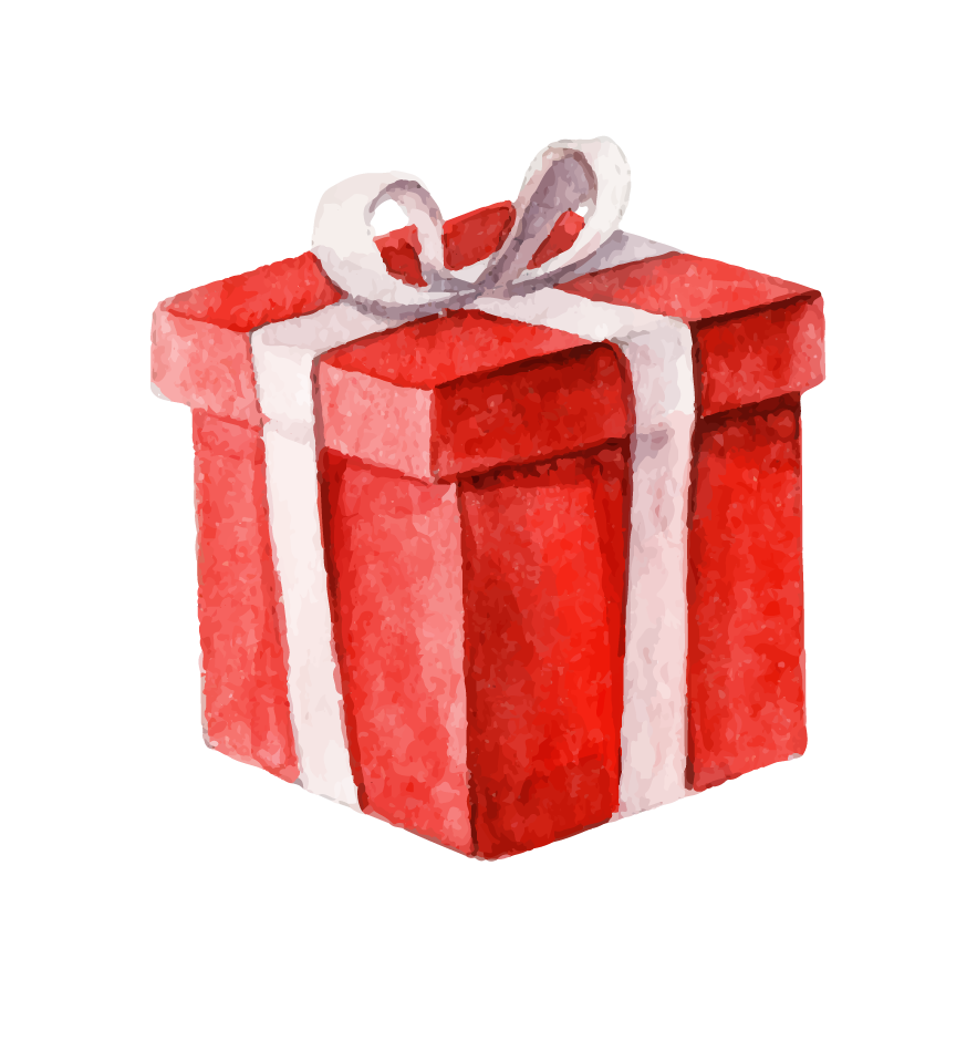 маленький нарисованный акварелью красный подарок с бежевой лентой