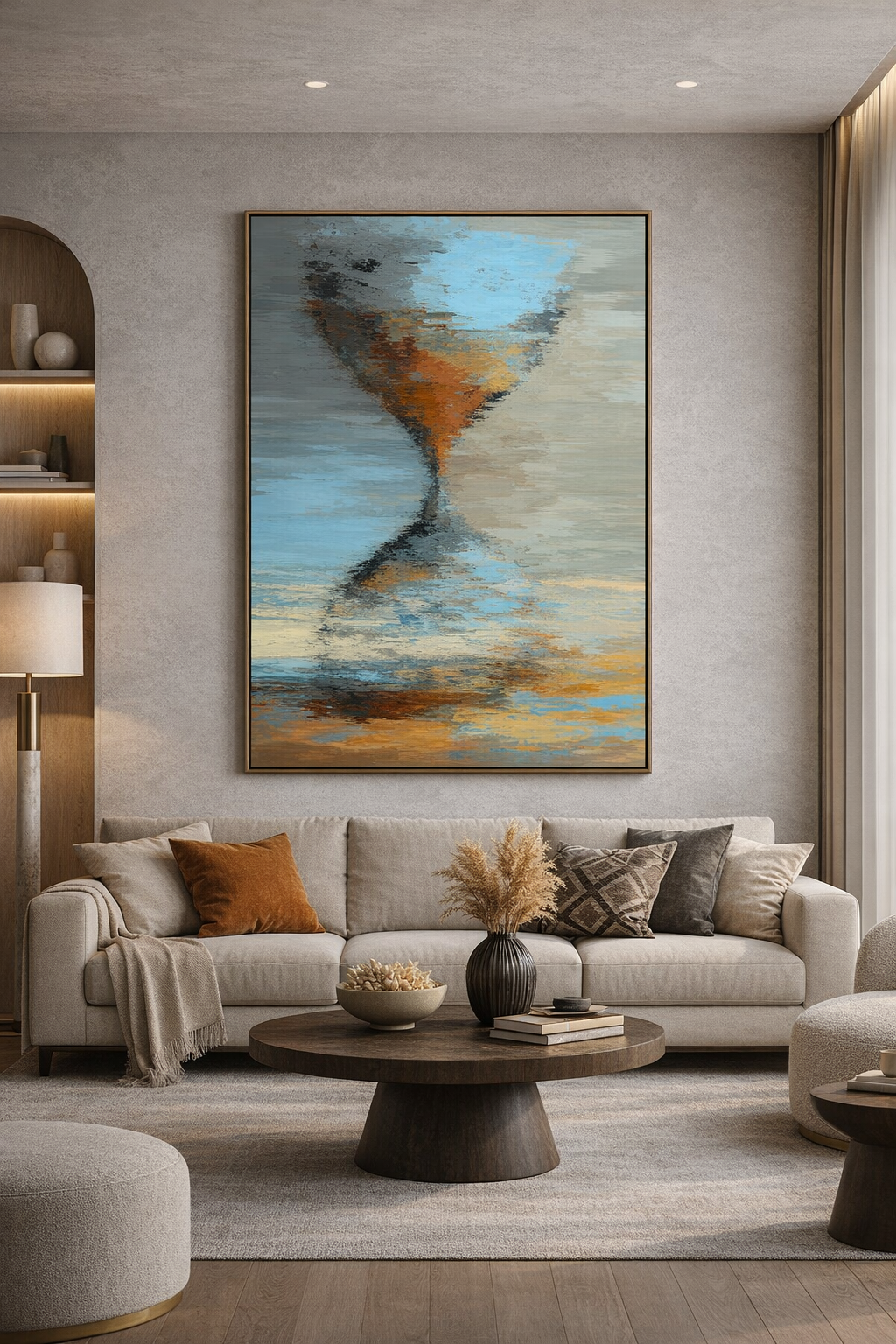 Современная гостиная с абстрактной картиной в сине-терракотовых тонах картина для гостиной картина для спальникартина для кабинета картина в современный интерьер картина в минималистичный интерьер картина в премиальный интерьер дизайнерская картина ручной работы