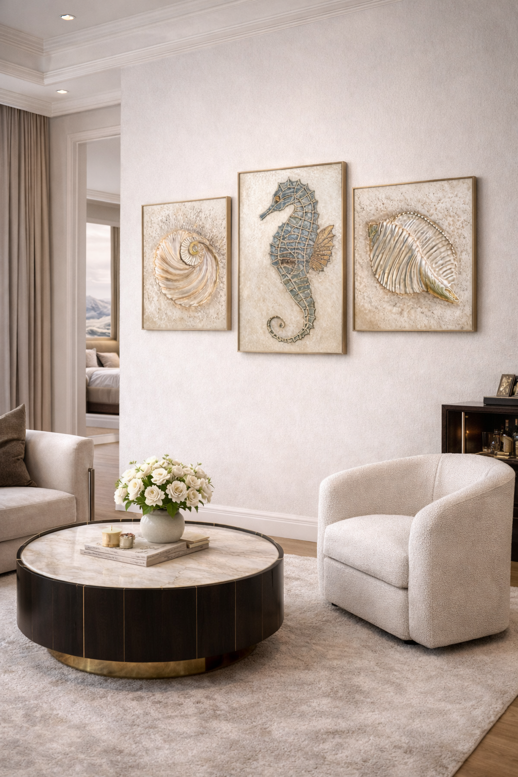 триптих морская симфония, морской триптих, картина морской конек, картина ракушки, морская картина в интерьер, интерьерная картина, объемная картина, coastal decor, luxury wall art, картина для гостиной, дизайнерская картина