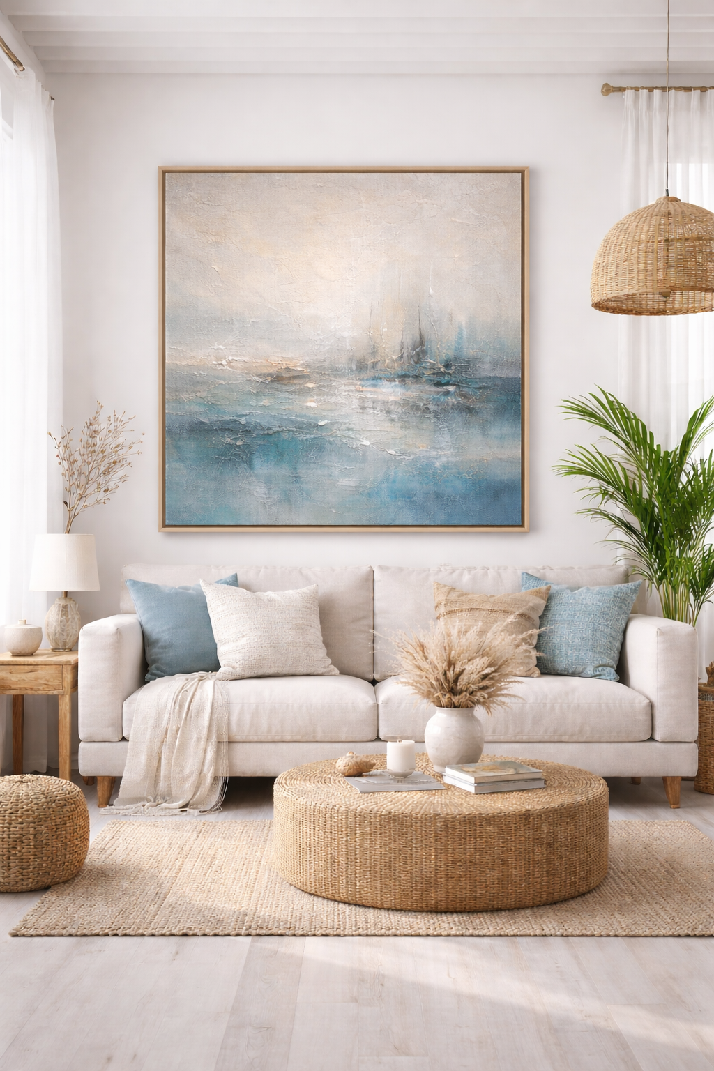 картина мореотпуск у моря абстрактный морской пейзаж современная живопись картина для интерьера морская абстракция картина в голубых тонах картина про отдых современное искусство Картина «Отпуск начинается здесь» — абстрактный морской пейзаж для интерьера