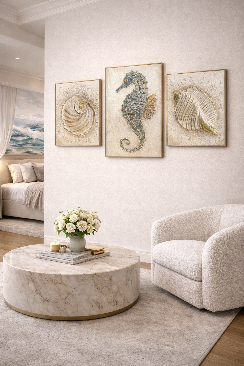 триптих морская симфония, морской триптих, картина морской конек, картина ракушки, морская картина в интерьер, интерьерная картина, объемная картина, coastal decor, luxury wall art, картина для гостиной, дизайнерская картина