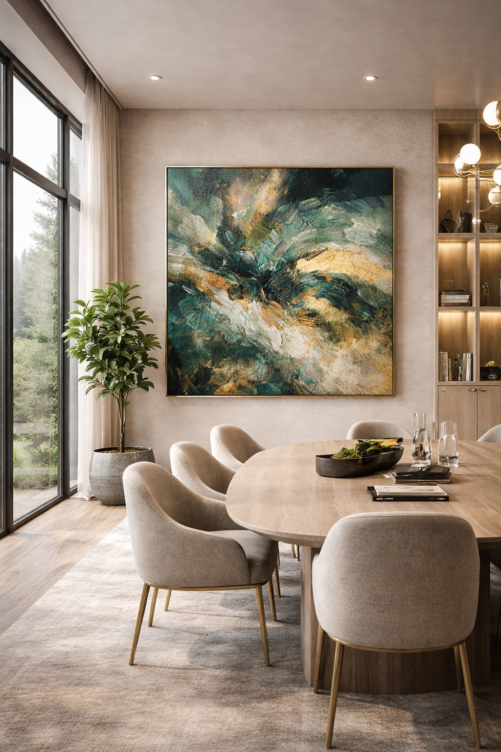 Авторская абстрактная картина в интерьере, современное искусство, дизайнерский декор, уникальная художественная работа. Авторская абстрактная картина «Изумрудное движение» в интерьере, художественное полотно с глубокой цветовой динамикой и ощущением плавного движения.