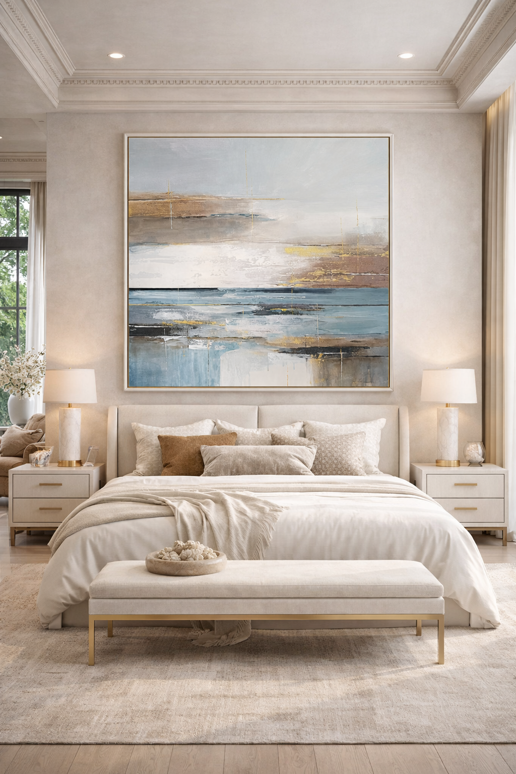Современная светлая спальня с абстрактной картиной над кроватью спокойная абстракция медитативная картина гармония и глубина ощущение воды и пространства движение и свет в абстракции