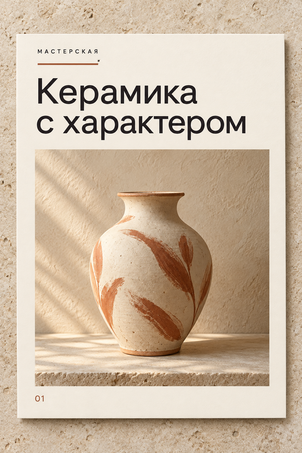 Демонстрация обложки «Керамика с характером»: крупный заголовок над фотографией вазы, молочный фон и терракотовая линия.