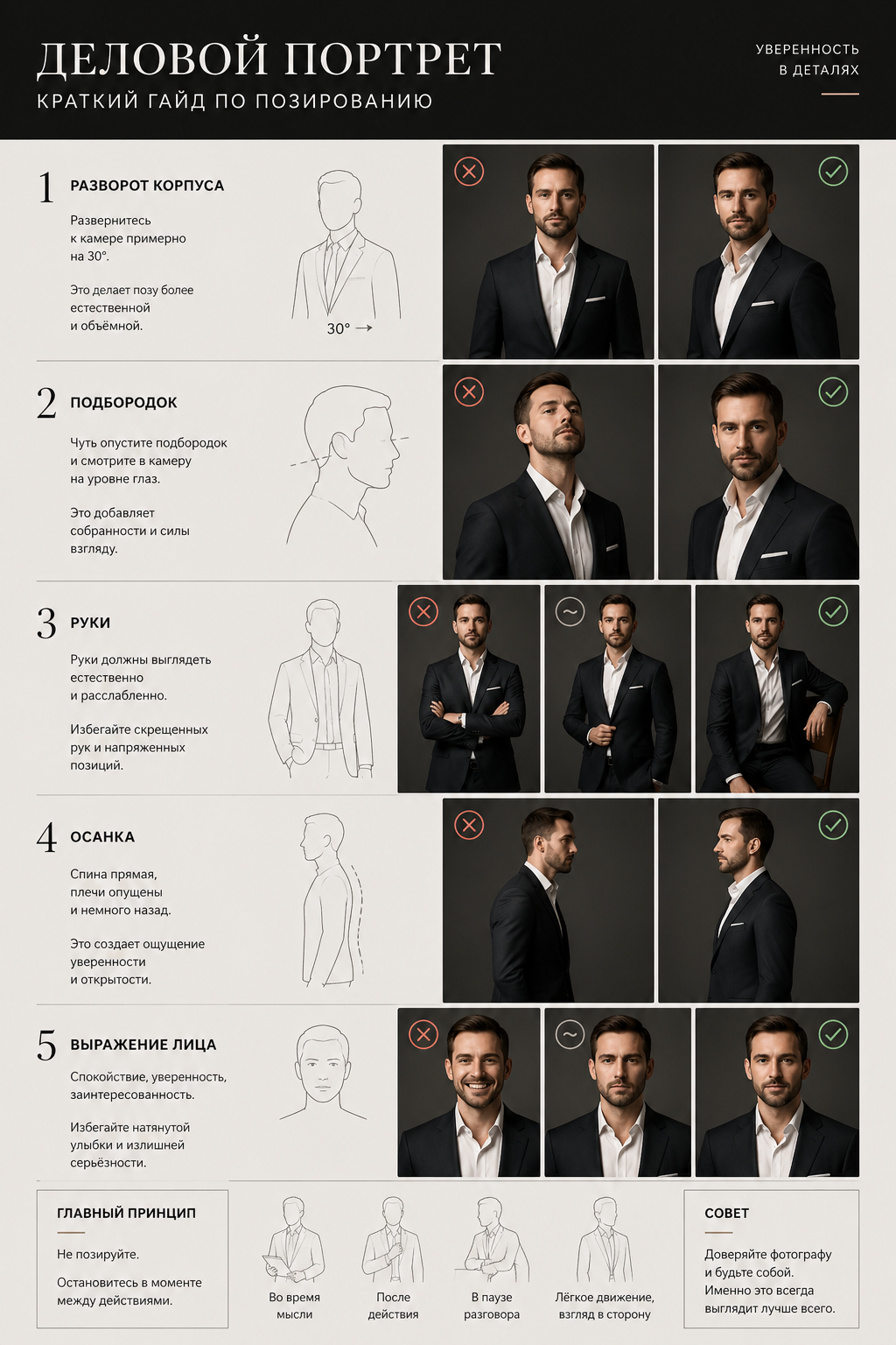 Инфографика с рекомендациями по позированию для делового портрета