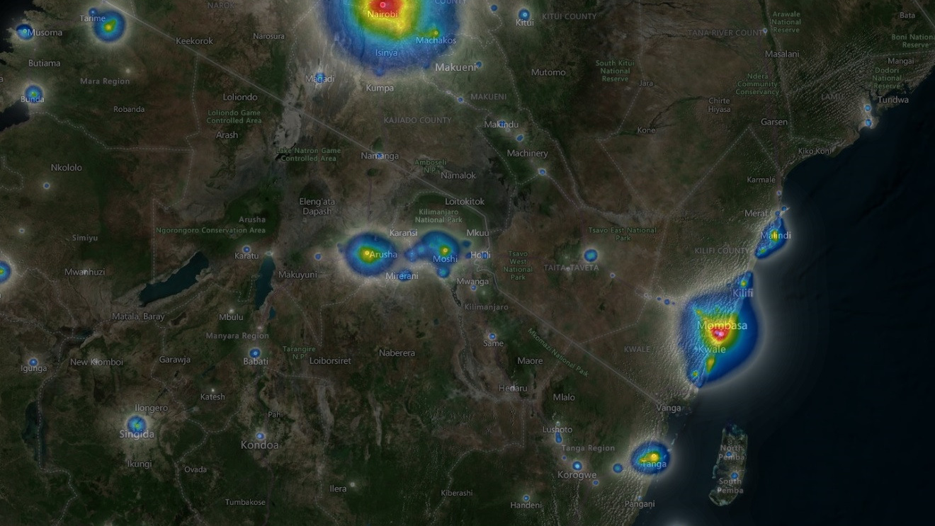 Light pollution at Kilimanjaro’s peak is limited because it is located far from urban areas. This map depicts the level of light pollution in this area.
