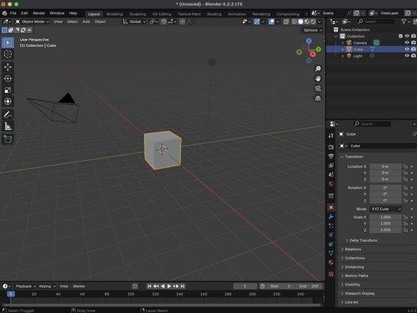 Интерфейс Blender для начинающих — рабочая сцена с кубом