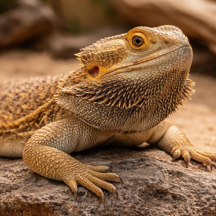 Бородатая агама Агуша греется под лампой в террариуме