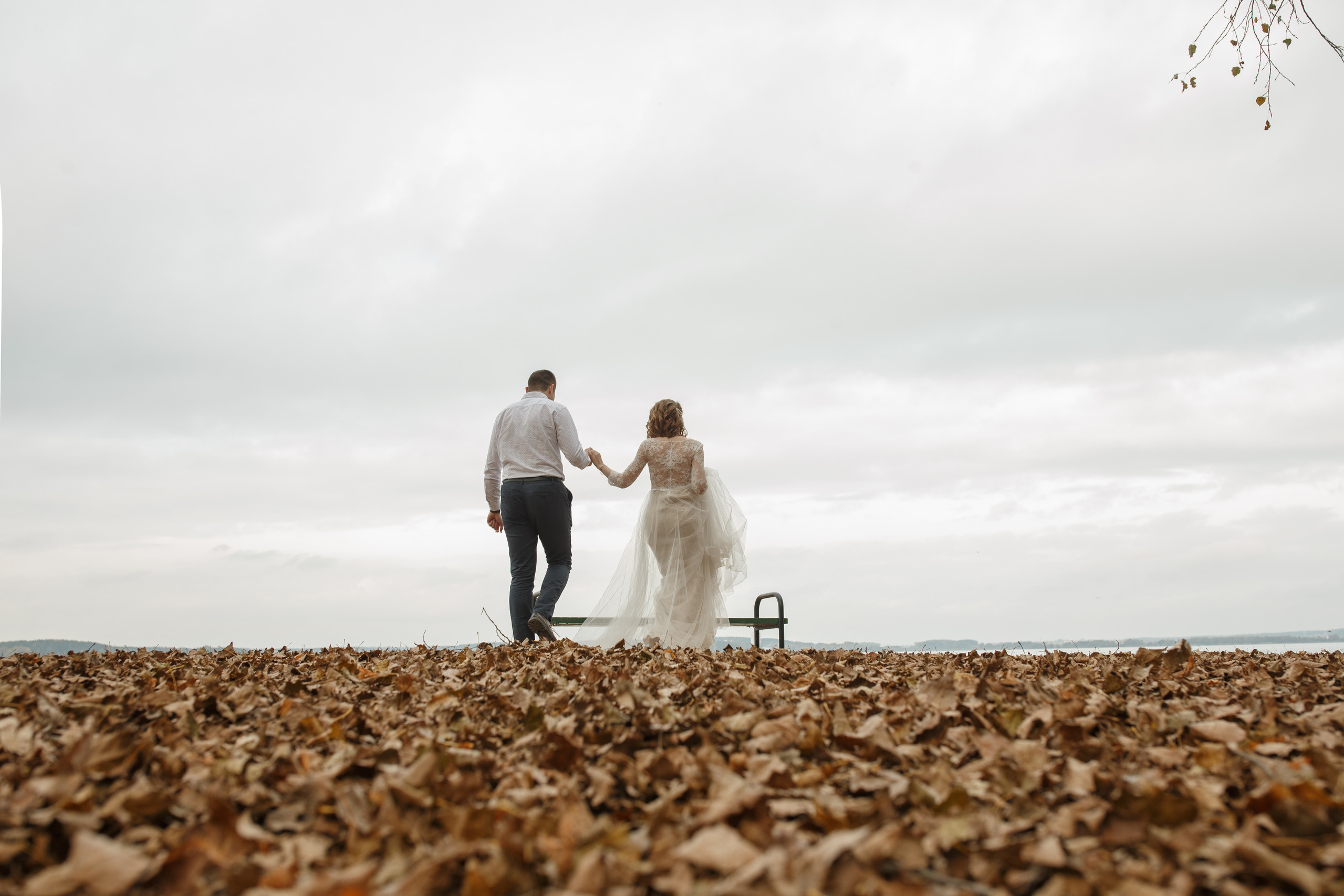 Свадебная прогулка красивой пары на берегу озера