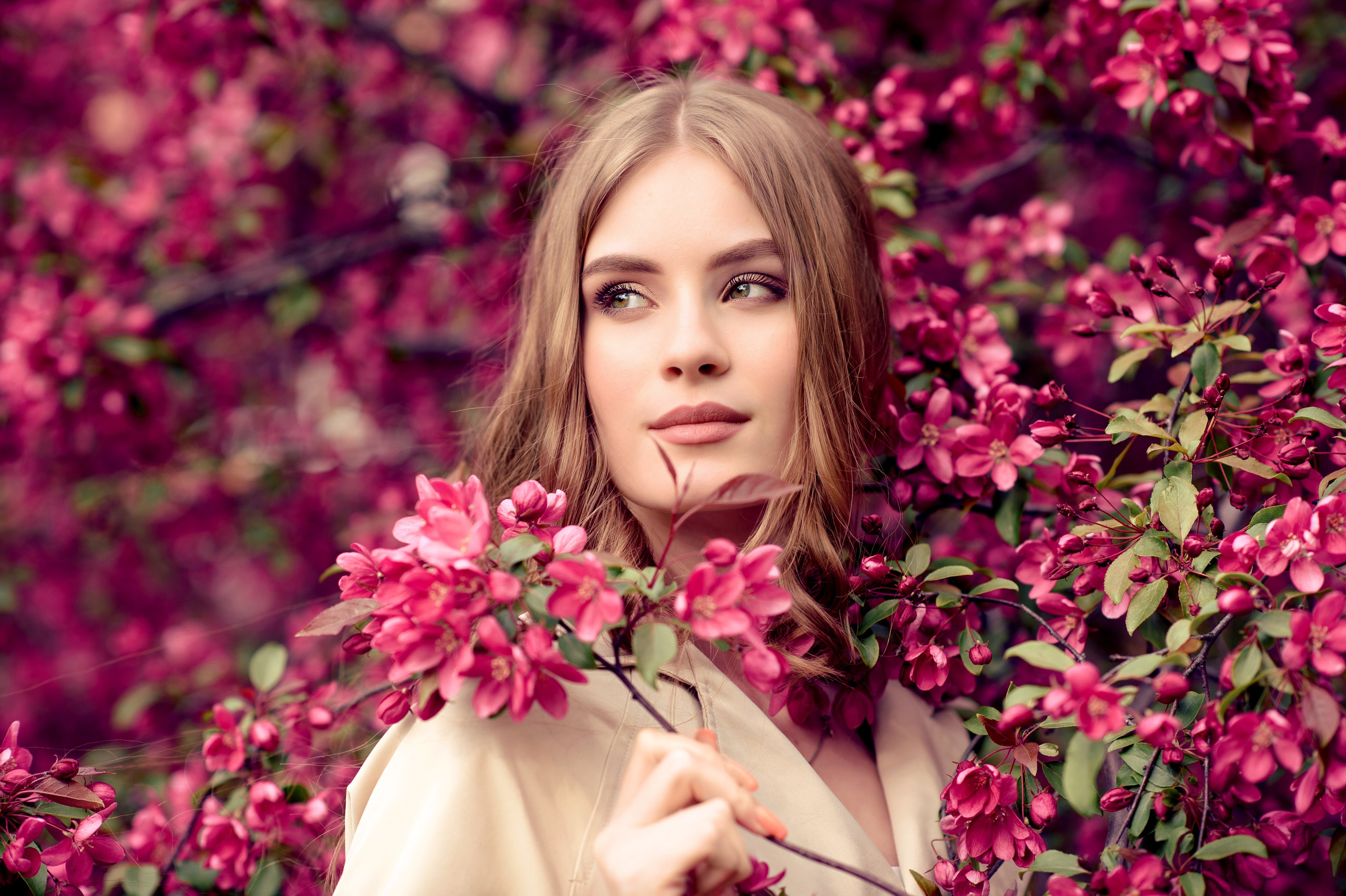 Красивая молодая девушка в цветении розовых яблонь в Екатерининском саду