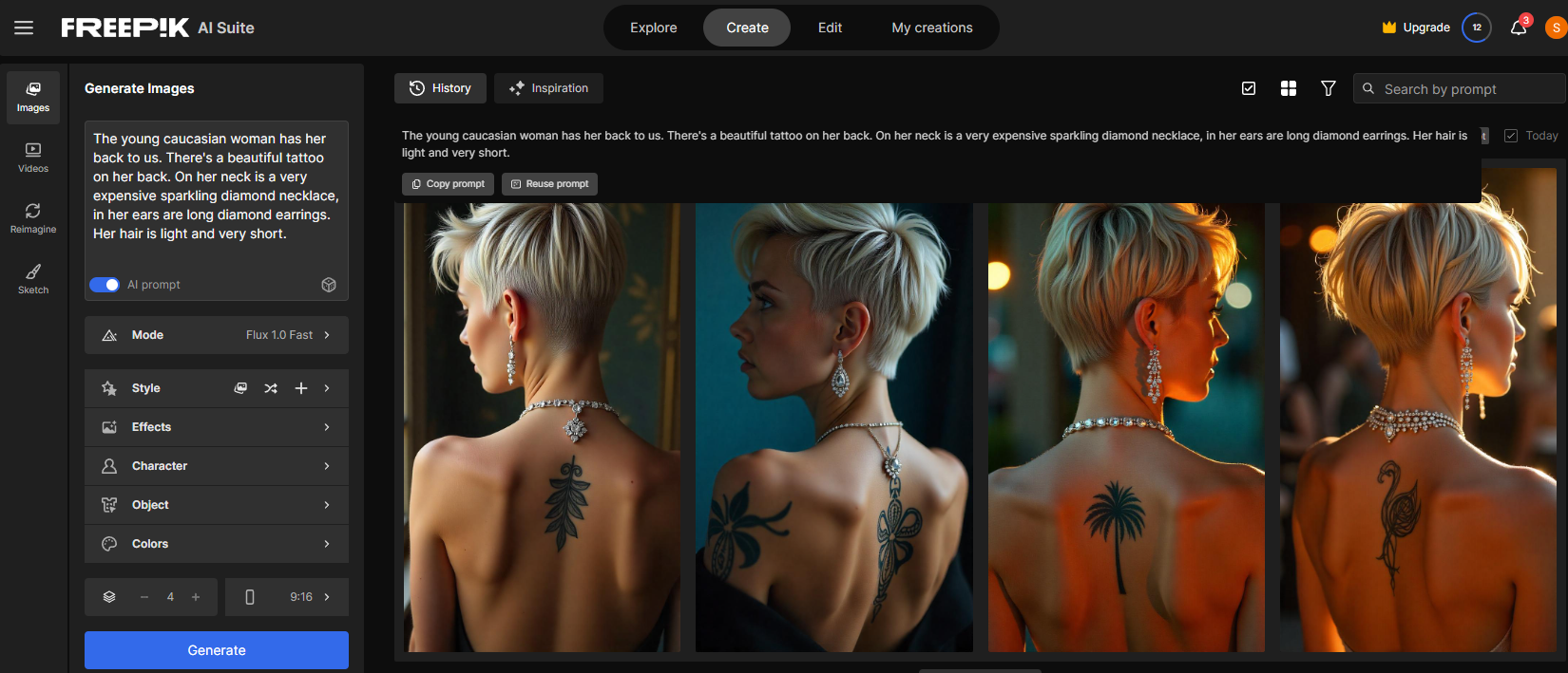 Скриншот интерфейса платформы Freepik, где пользователь может вводить текстовые запросы для генерации изображений