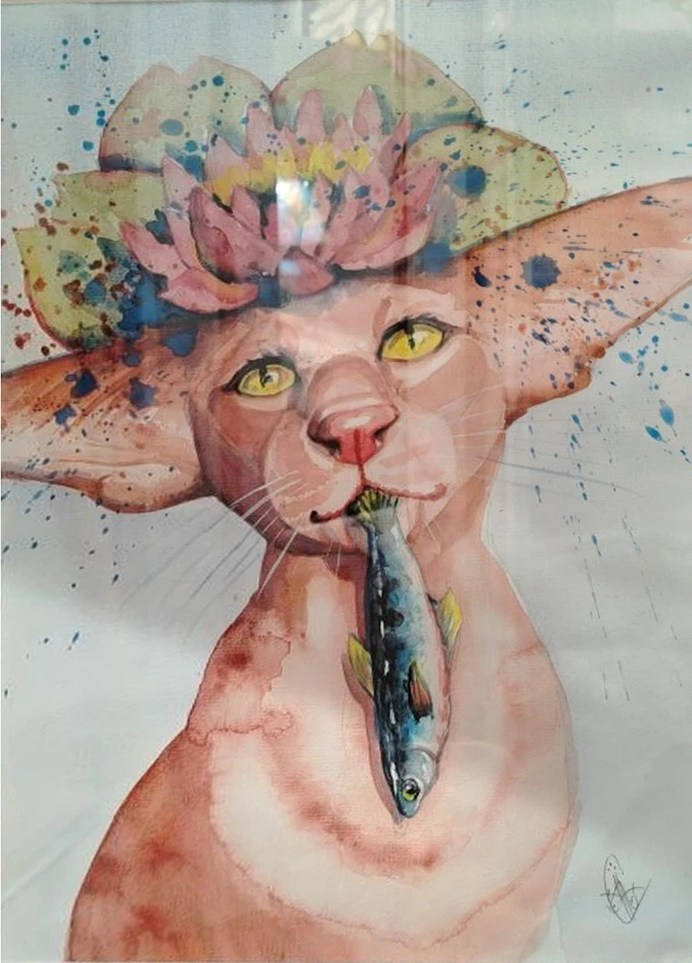 Кошки, цветы, рыбка