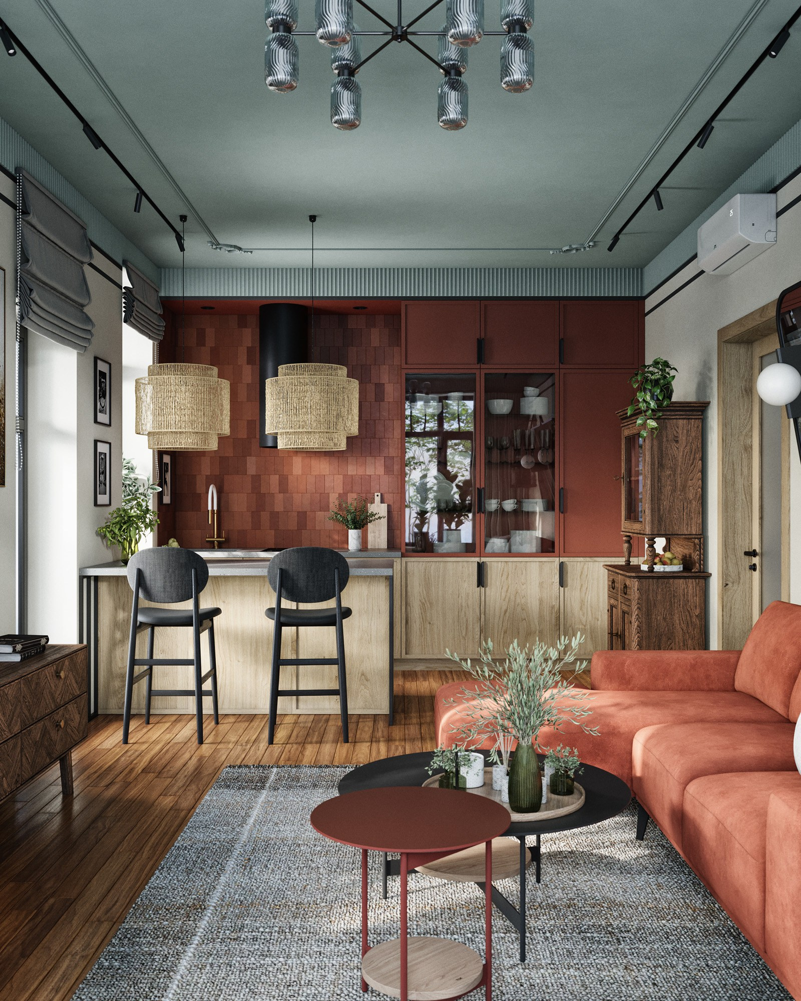 Двухуровневая квартира с винтовой красной лестницей