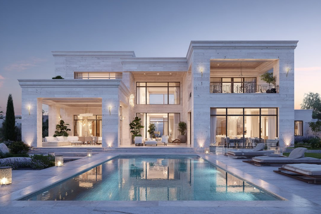 Современная вилла из светлого камня с панорамными окнами, открытыми террасами и длинным бассейном