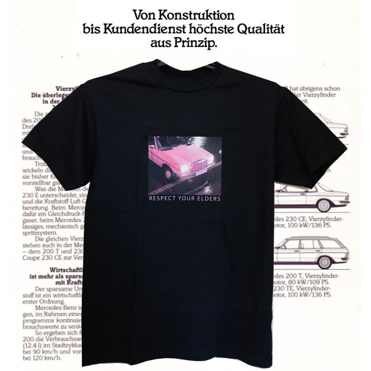 надежный Мерседес в кузове w123изображен на черной мужской футболке