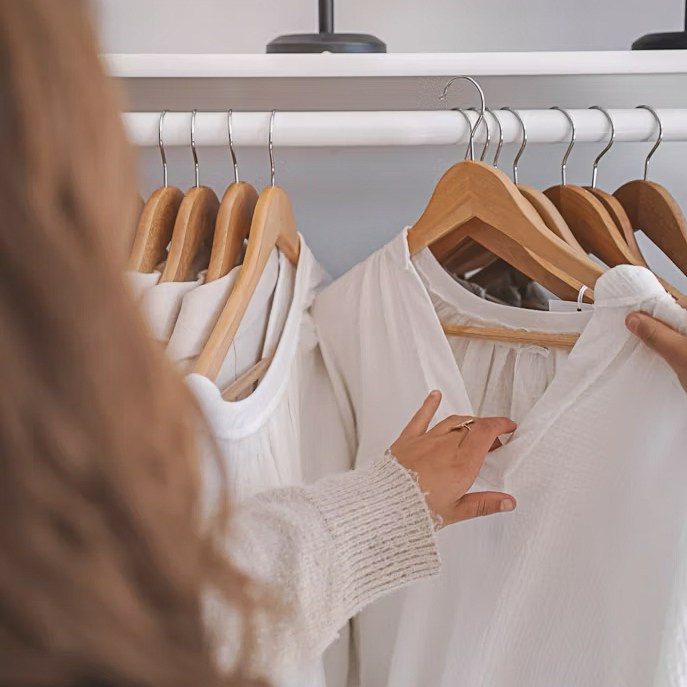 Ряд светлой одежды на деревянных вешалках – услуги стилиста по обновлению гардероба