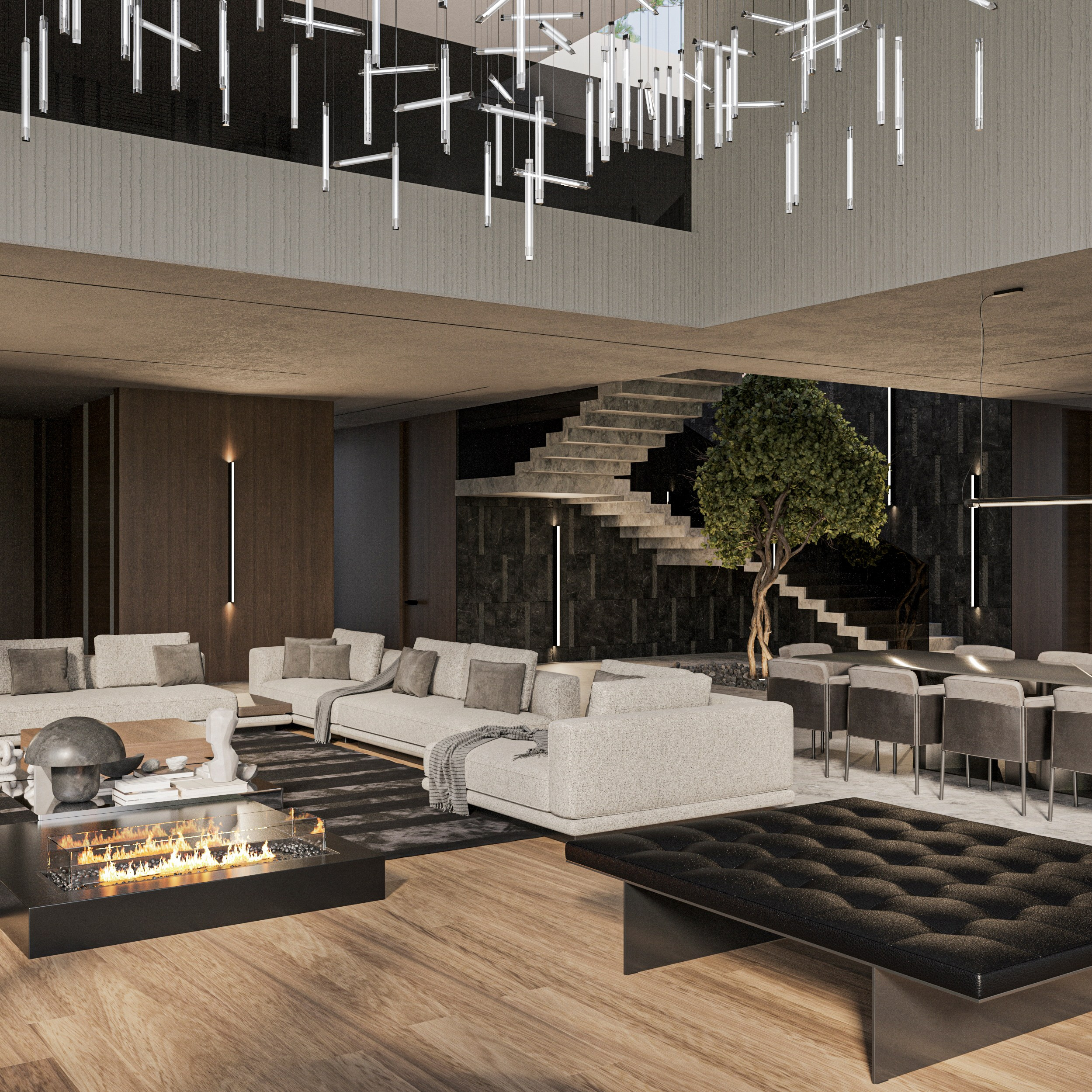 Люксовый интерьер просторной гостиной в частном доме в стиле прерий