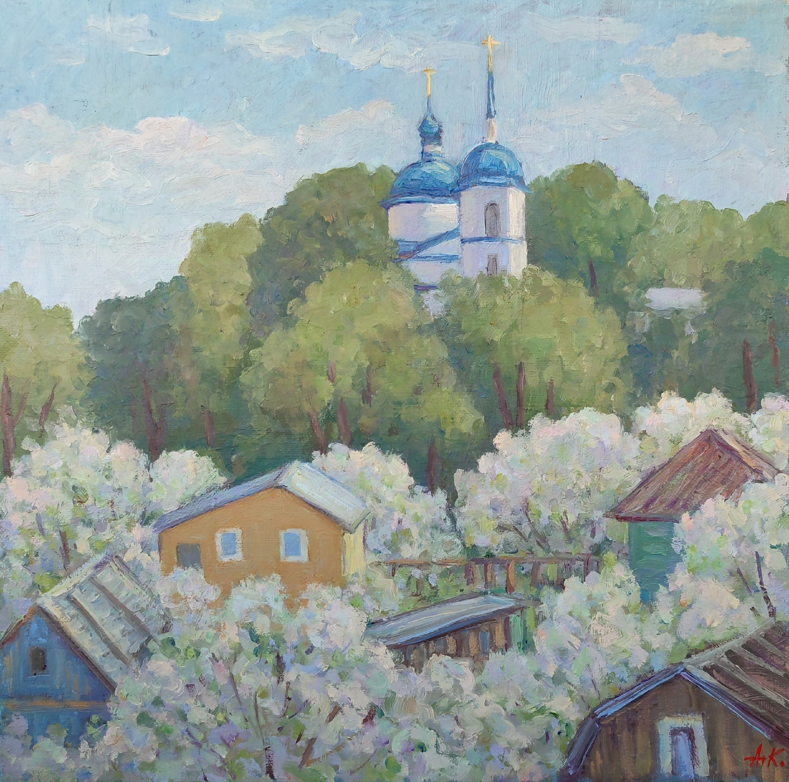 Картина маслом на холсте купить - Цветущие вишневые сады весной и домики