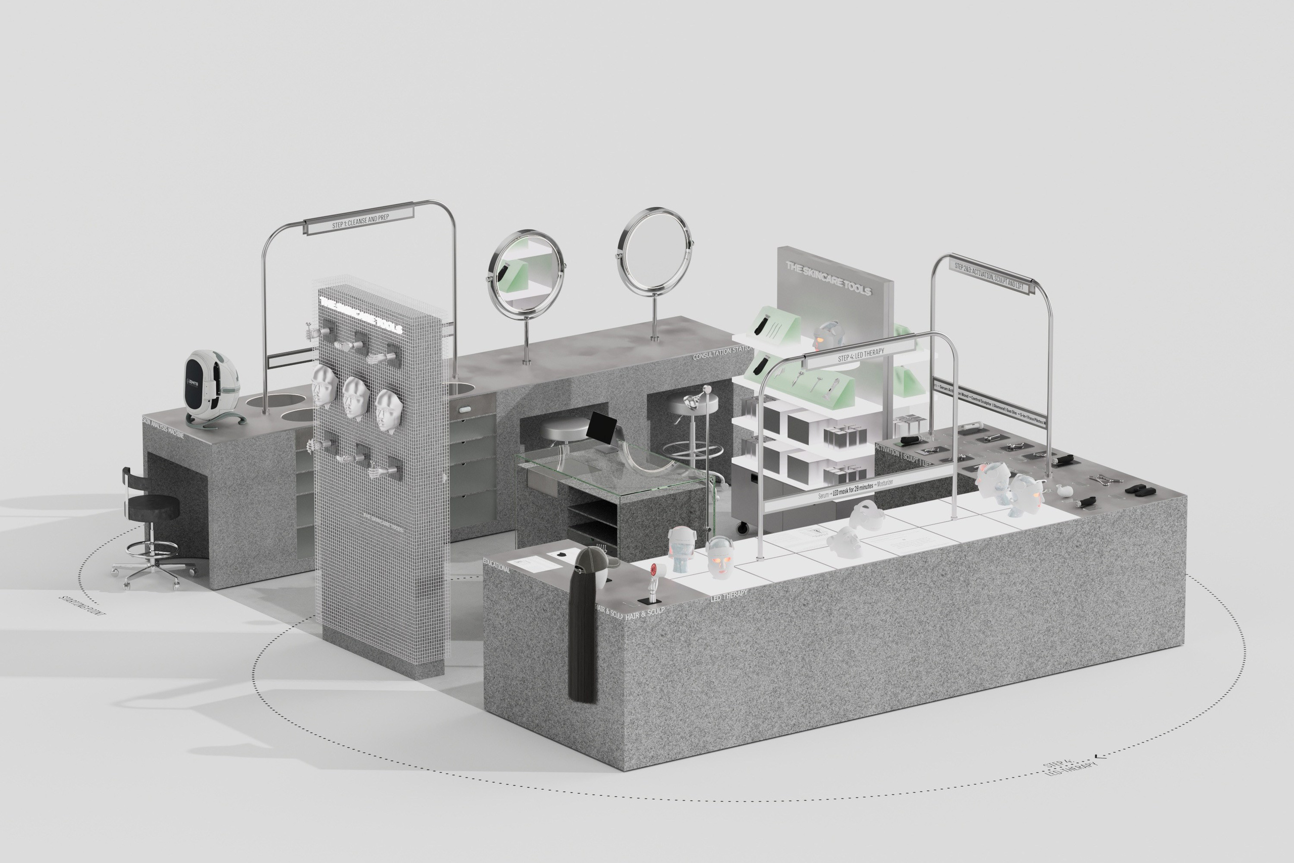Axonometric view of a retail kiosk with display units and a counter