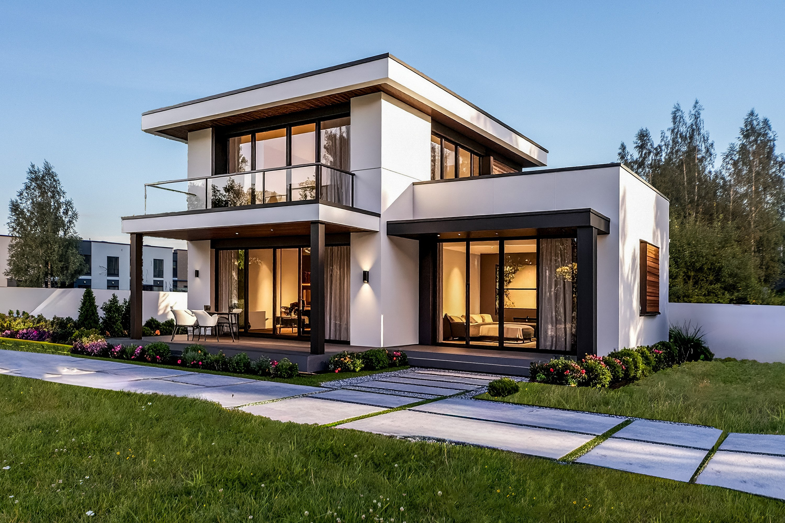 Рендер двухэтажного загородного дома с террасой, балконом и большими панорамными окнами