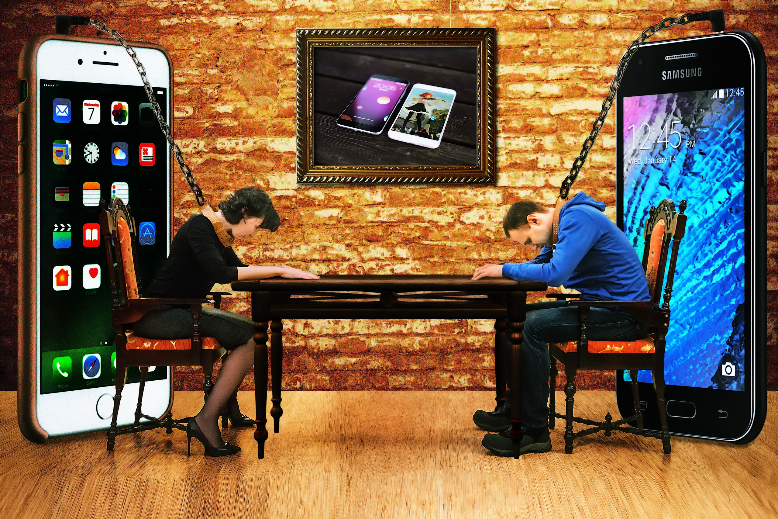 Художественная фотография, символизирующая одиночество в современном мире, коллаж со смартфонами.