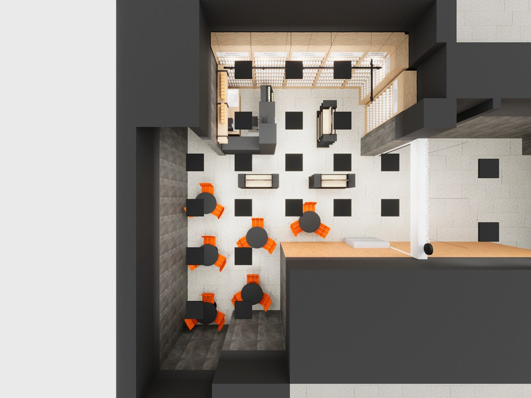 3D-визуализация магазина спортивного питания с зоной кафе и островными стеллажами — Красноярск| Портфолио