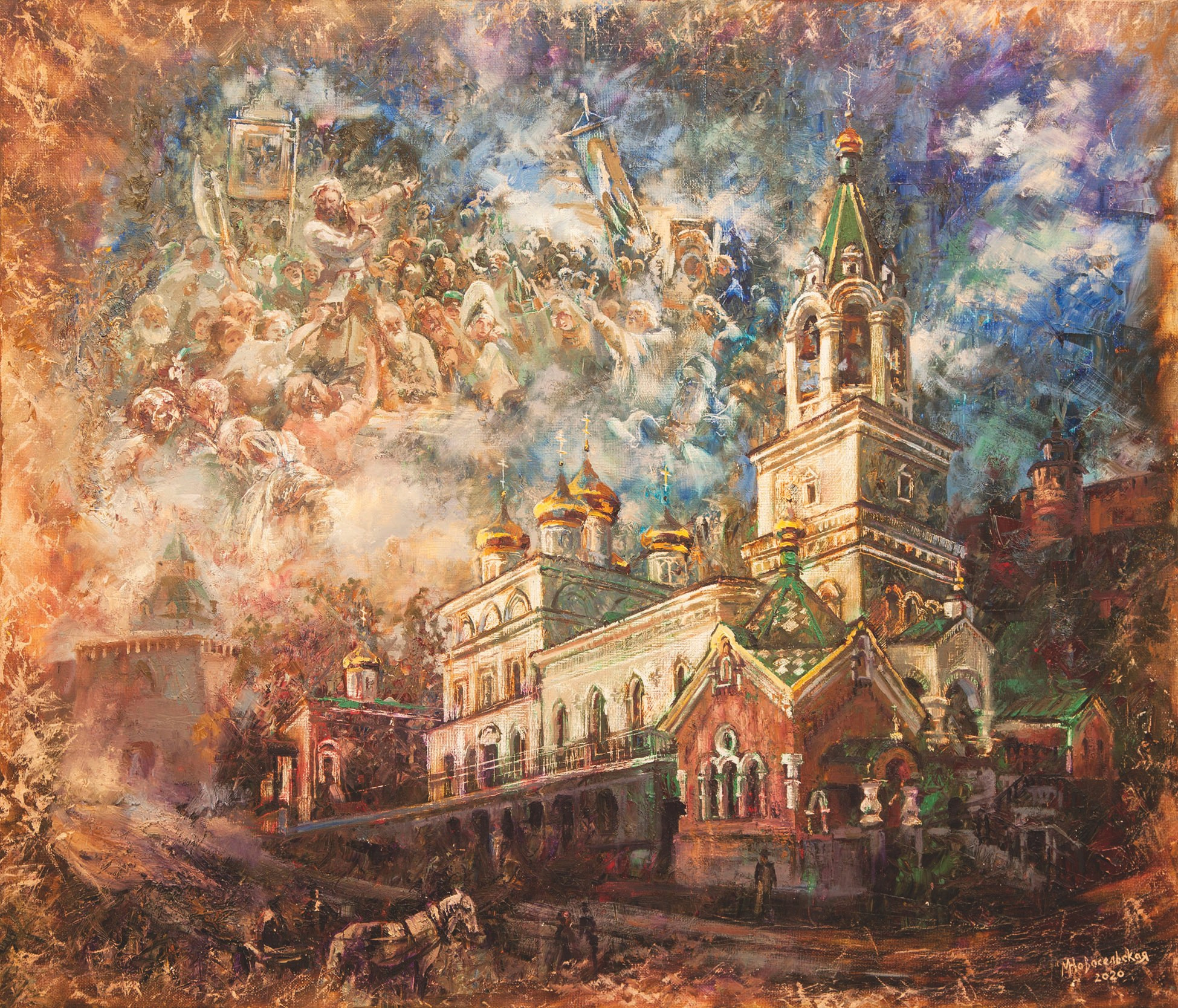 картины, интерьерные картины, картины маслом, масло,  природа, живопись, Нижний Новгород, Старый Нижний, город, картина с Нижнем Новгородом, виды Нижнего, церковь, картина с церковью, усадьба, старина, ретро стиль, единство веры и духа, нижегородские виды