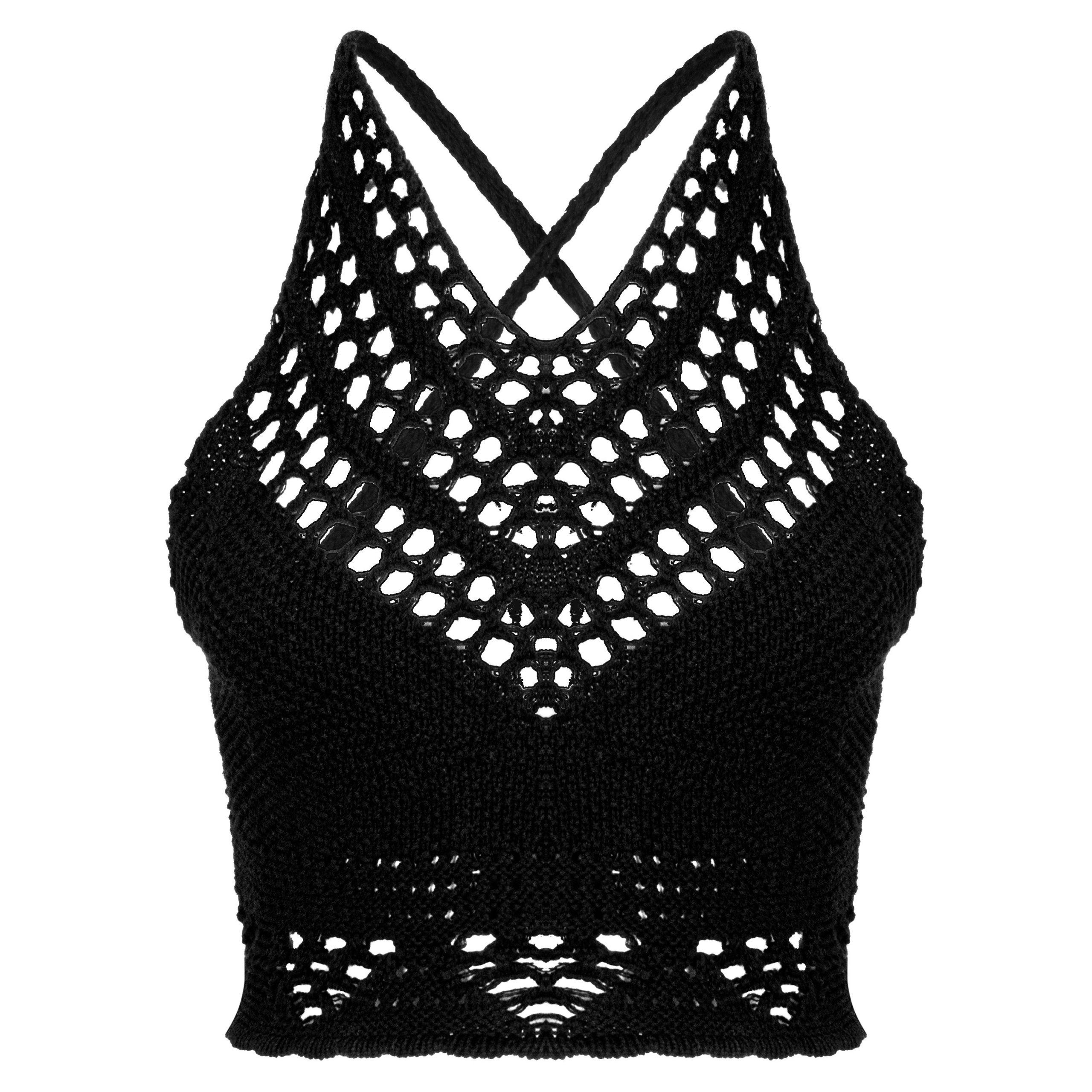 Вязаный черный топ с открытой спиной на невидимом манекене